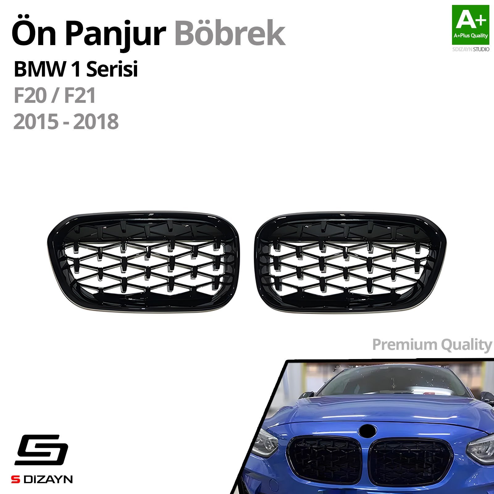 S-Dizayn Bmw 1 Serisi F20/F21 Ön Panjur Böbrek Parlak Siyah Piano Black Diamond Model 2015-2019