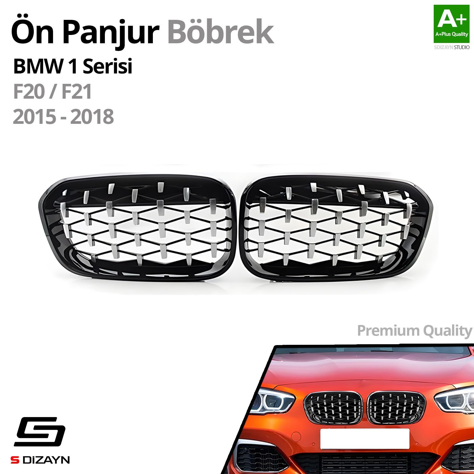 S-Dizayn Bmw 1 Serisi F20/F21 Ön Panjur Böbrek Parlak Siyah Çerçeveli Krom Diamond Model 2015-2019