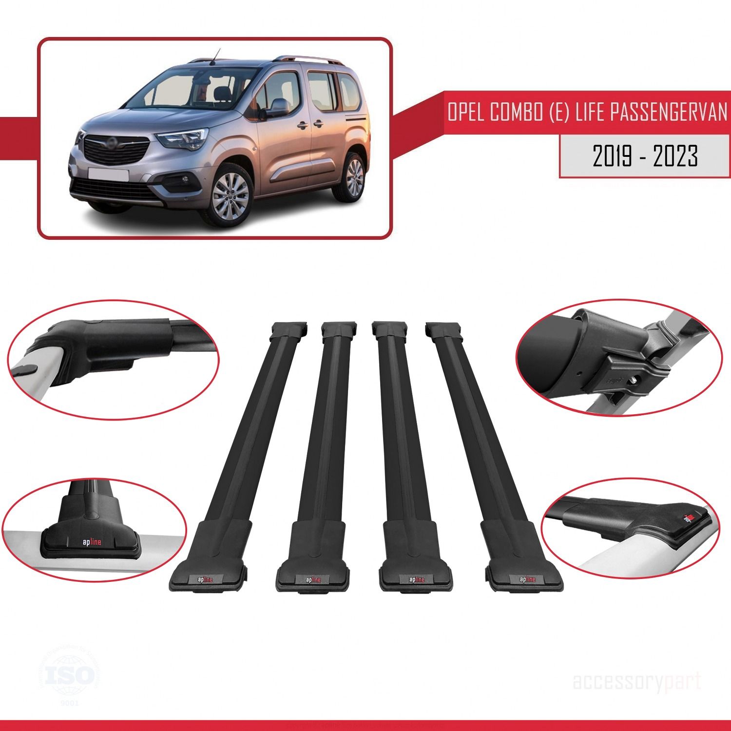 Opel Combo (E) Life PASSENGERVAN 2019-2023 Arası ile uyumlu FLY Model Ara Atkı Tavan Barı SİYAH 4 ADET BAR