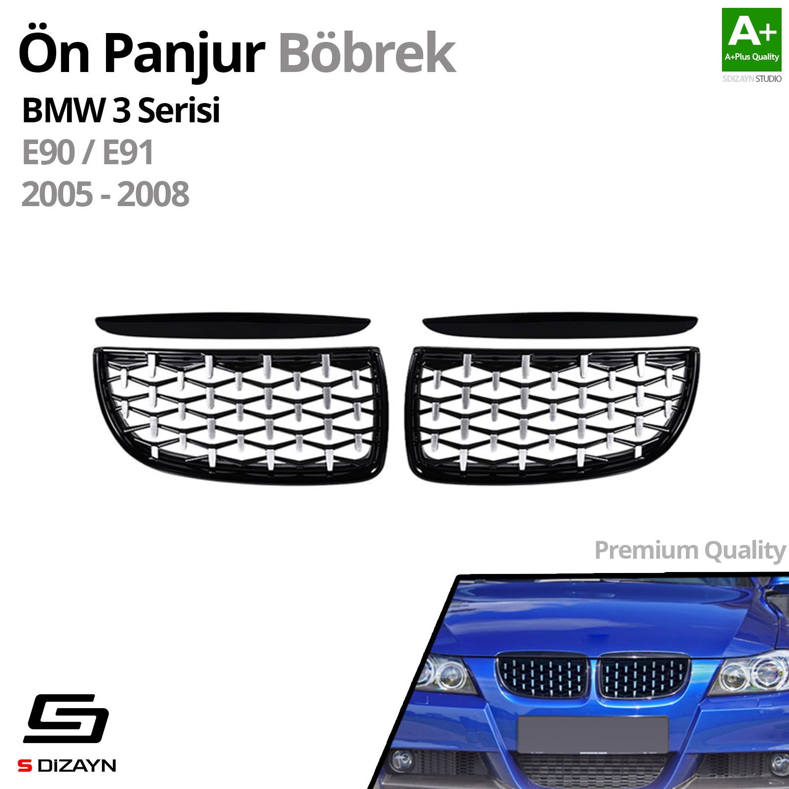 S-Dizayn Bmw 3 Serisi E90/E91 Ön Panjur Böbrek Parlak Siyah Çerçeveli Krom Diamond Model 2005-2008