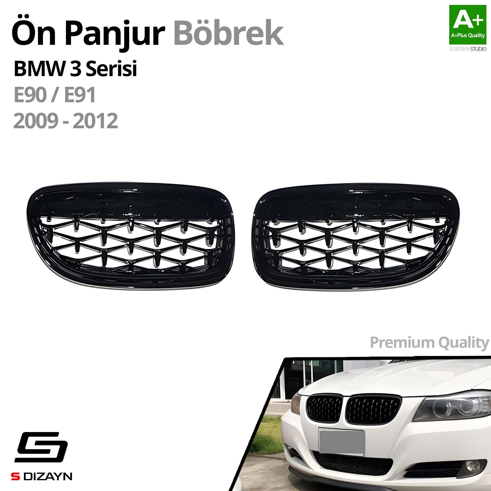 S-Dizayn Bmw 3 Serisi E90/E91 Ön Panjur Böbrek Parlak Siyah Piano Black Diamond Model 2009-2012