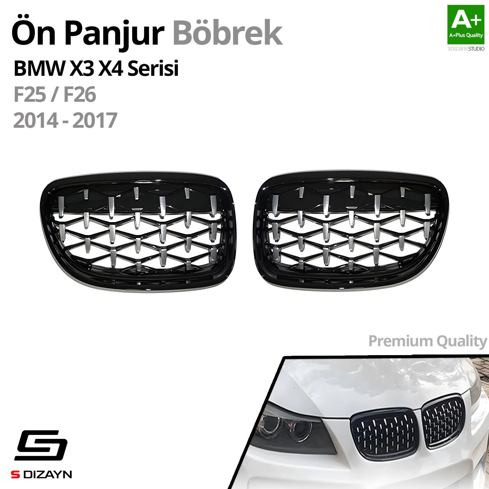 S-Dizayn Bmw 3 Serisi E90/E91 Ön Panjur Böbrek Parlak Siyah Çerçeveli Krom Diamond Model 2009-2012