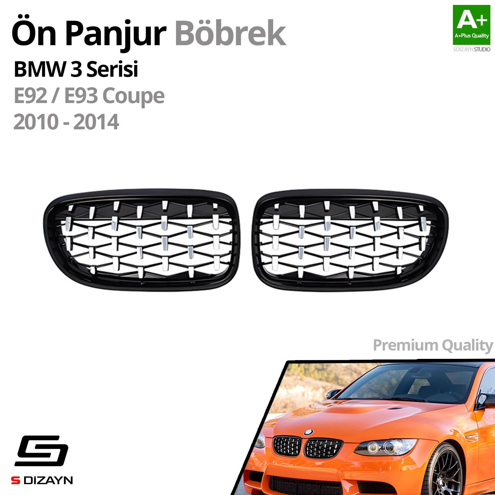 S-Dizayn Bmw 3 Serisi Coupe E92/E93 Coupe Ön Panjur Böbrek Parlak Siyah Çerçeveli Krom Diamond Model 2010-2014