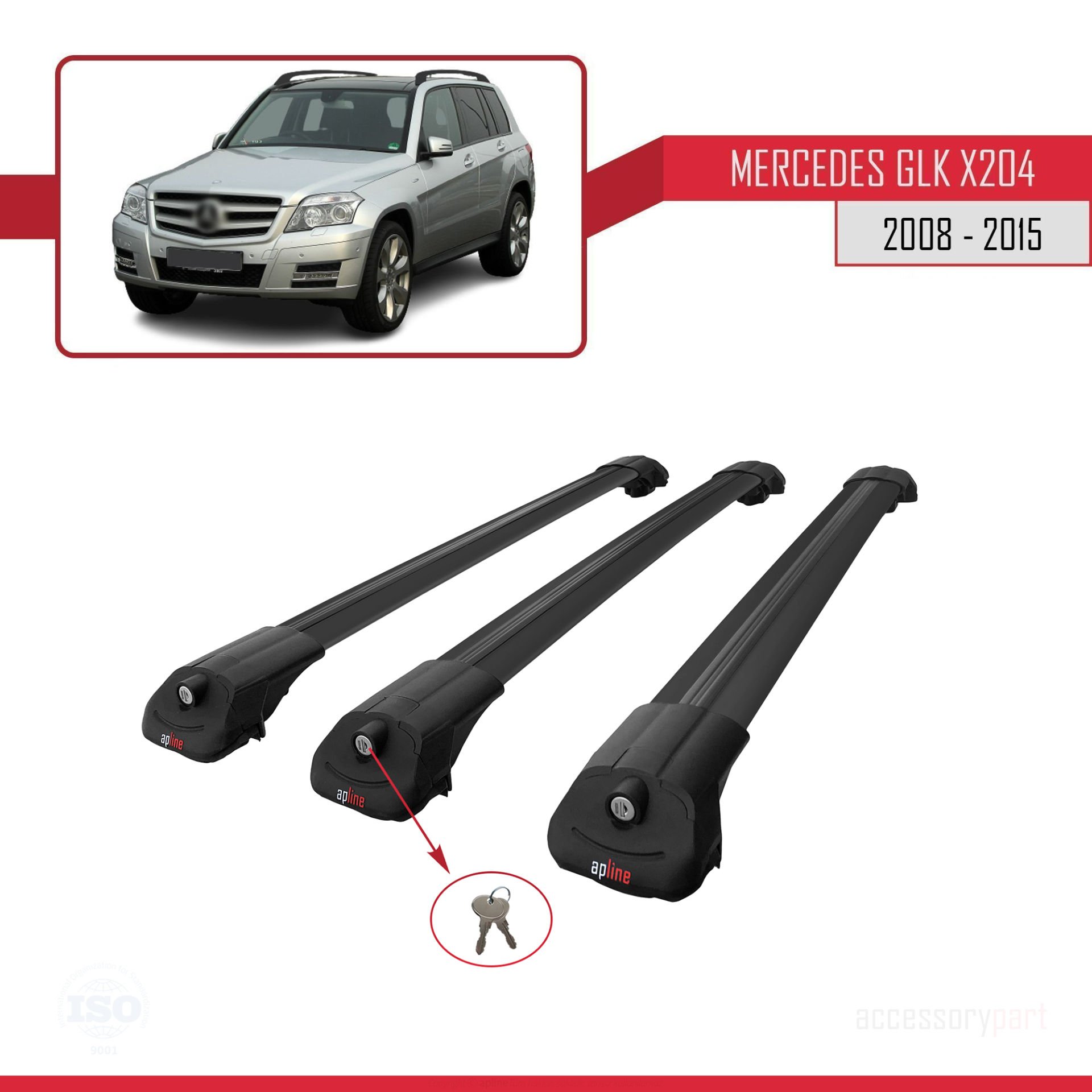 Mercedes GLK Class (X204) 2008-2015 Arası ile uyumlu ACE-1 Ara Atkı Tavan Barı SİYAH 3 ADET BAR