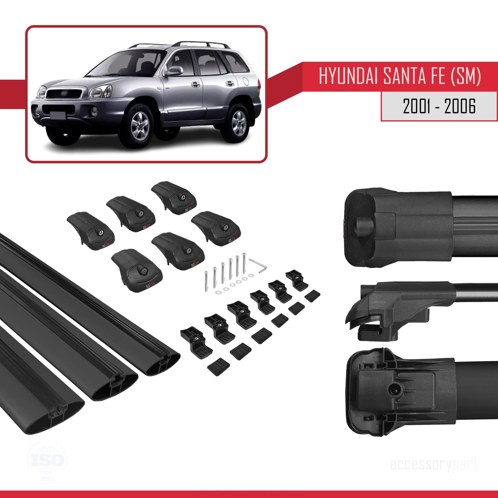 Hyundai Santa Fe (SM) 2001-2006 Arası ile uyumlu ACE-1 Ara Atkı Tavan Barı SİYAH 3 ADET BAR