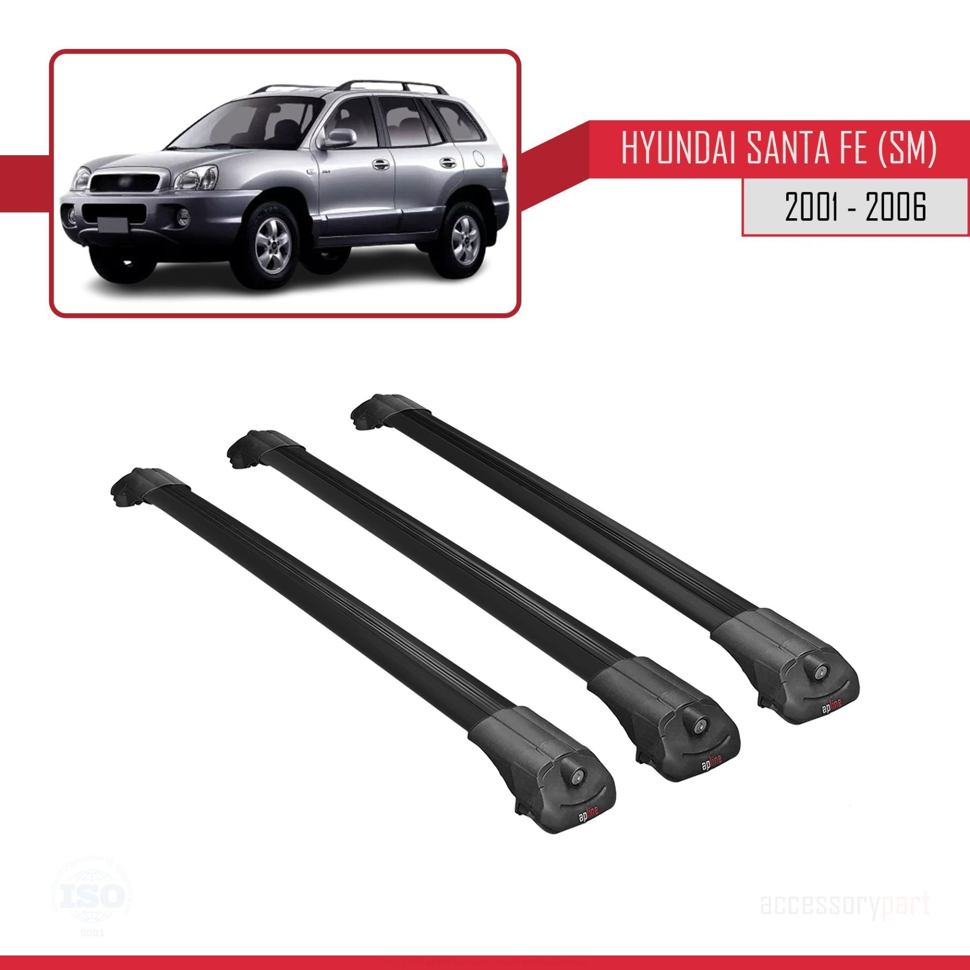 Hyundai Santa Fe (SM) 2001-2006 Arası ile uyumlu ACE-1 Ara Atkı Tavan Barı SİYAH 3 ADET BAR