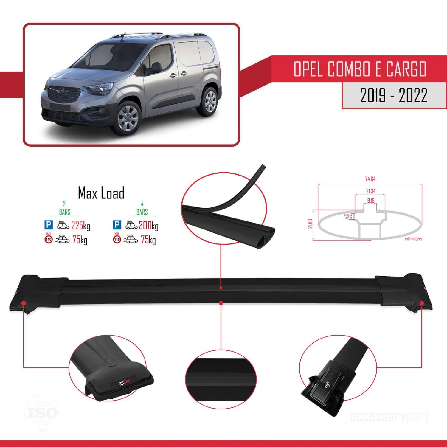 Opel Combo (E) PANELVAN 2019-2022 Arası ile uyumlu FLY Model Ara Atkı Tavan Barı SİYAH 4 ADET BAR