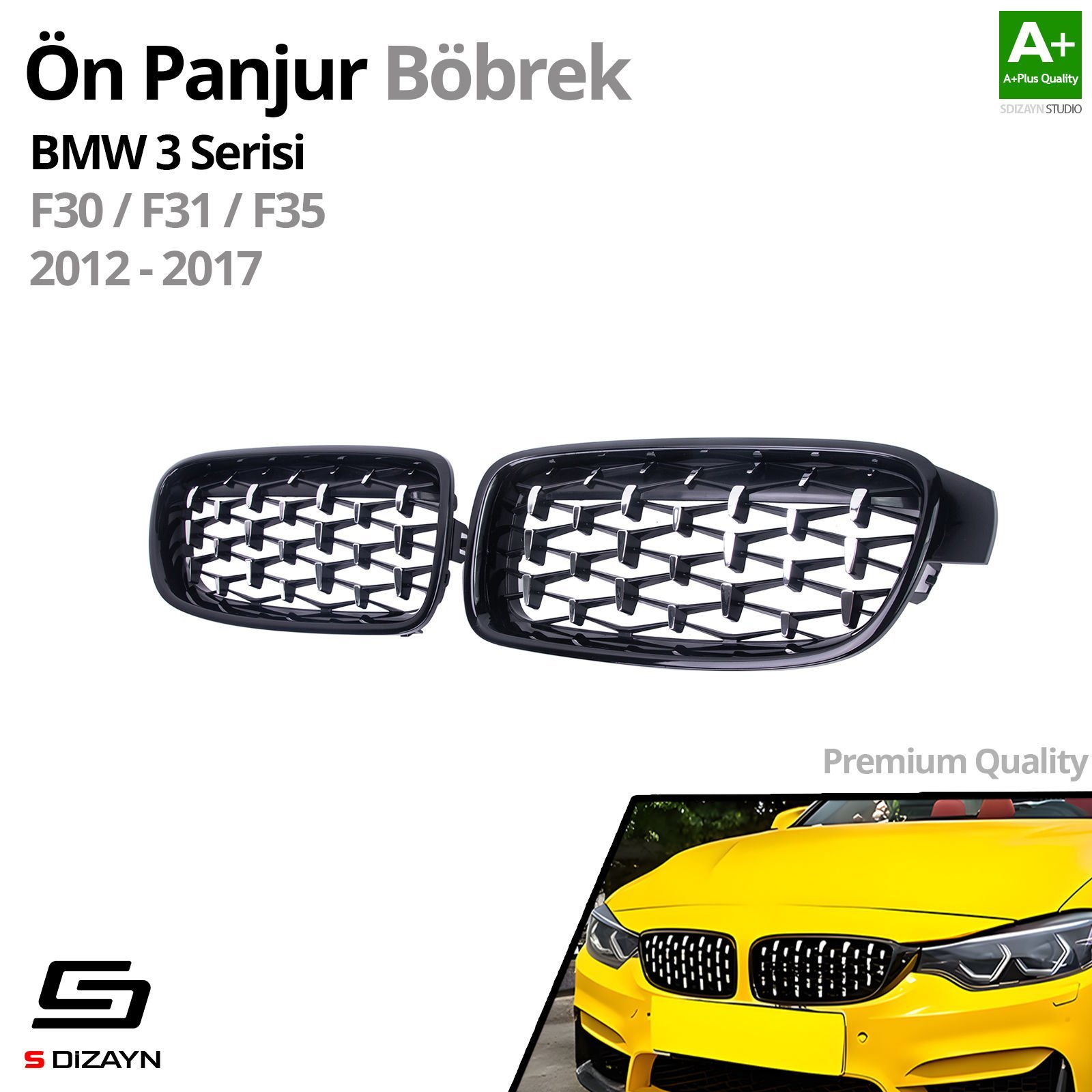 S-Dizayn Bmw 3 Serisi F30/F31/F35 Ön Panjur Böbrek Parlak Siyah Çerçeveli Krom Diamond Model 2012-2017