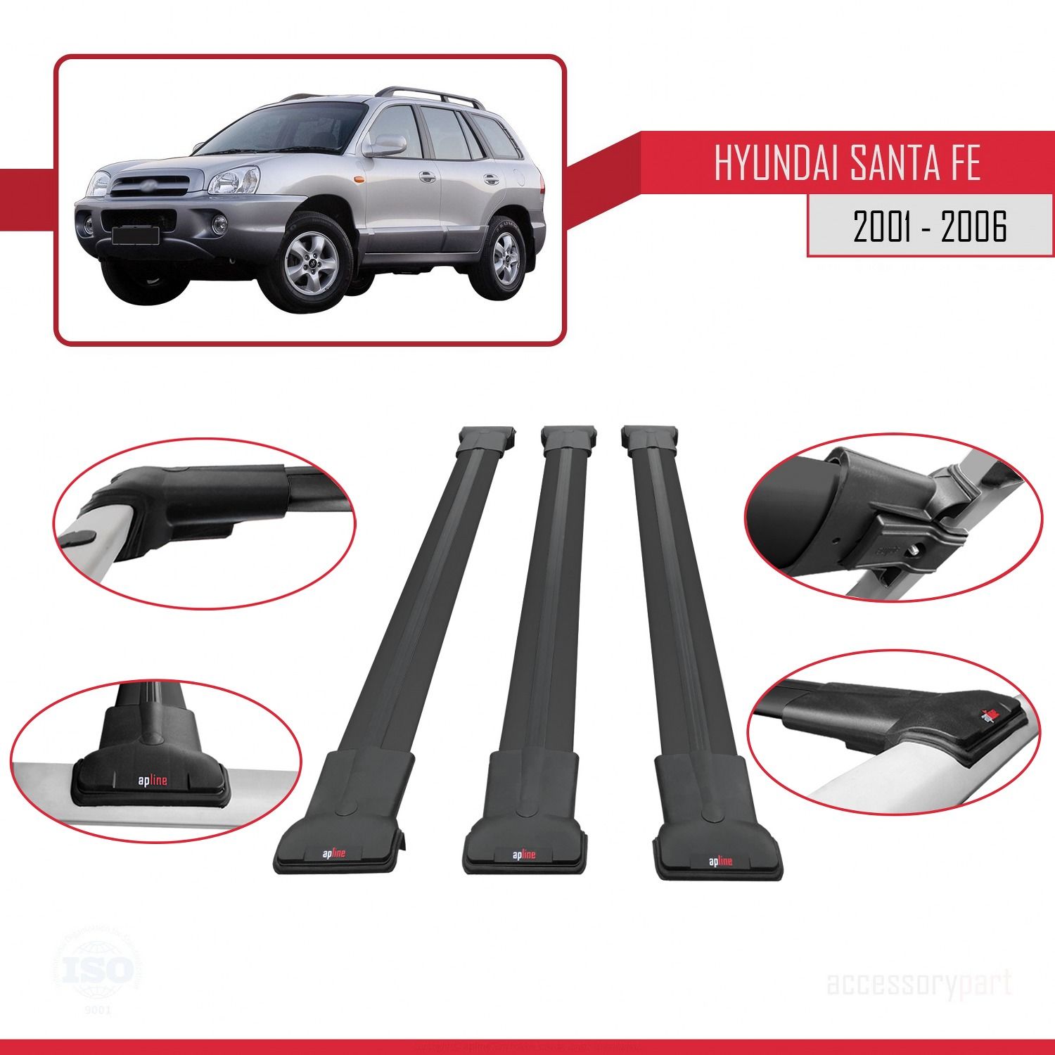 Hyundai Santa Fe (SM) 2001-2006 Arası ile uyumlu FLY Model Ara Atkı Tavan Barı SİYAH 3 ADET BAR