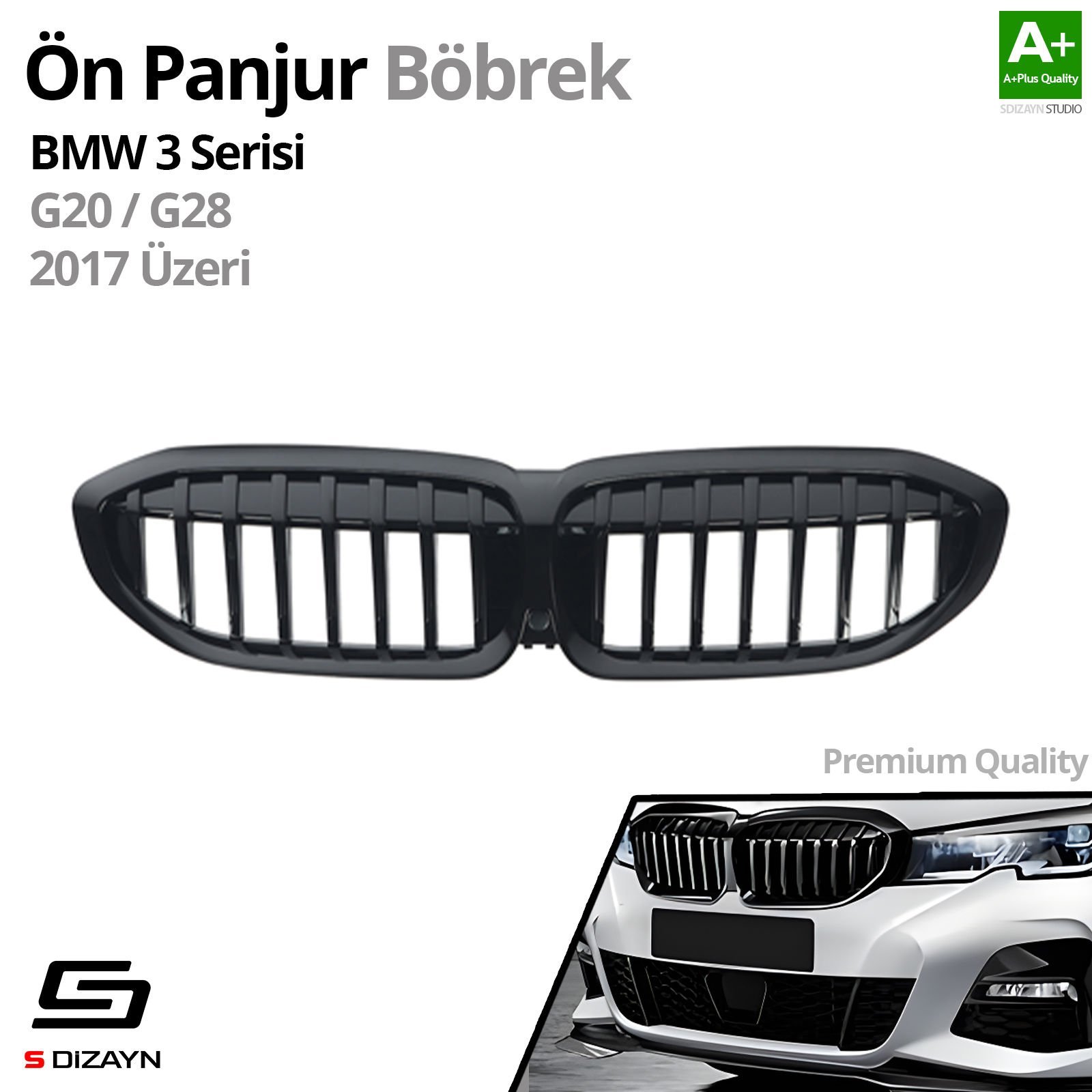 S-Dizayn Bmw 3 Serisi G20/G28 Ön Panjur Böbrek Parlak Siyah Piano Black Düz Model 2017 Üzeri