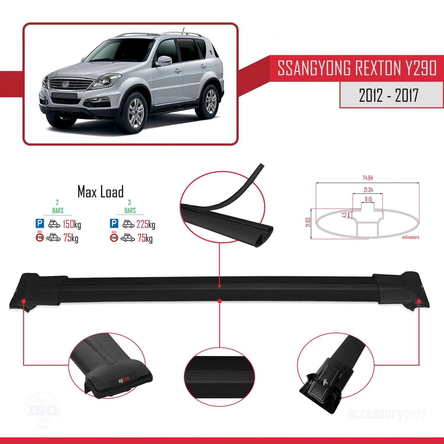 Ssangyong Rexton (Y290) 2012-2017 Arası ile uyumlu FLY Model Ara Atkı Tavan Barı SİYAH
