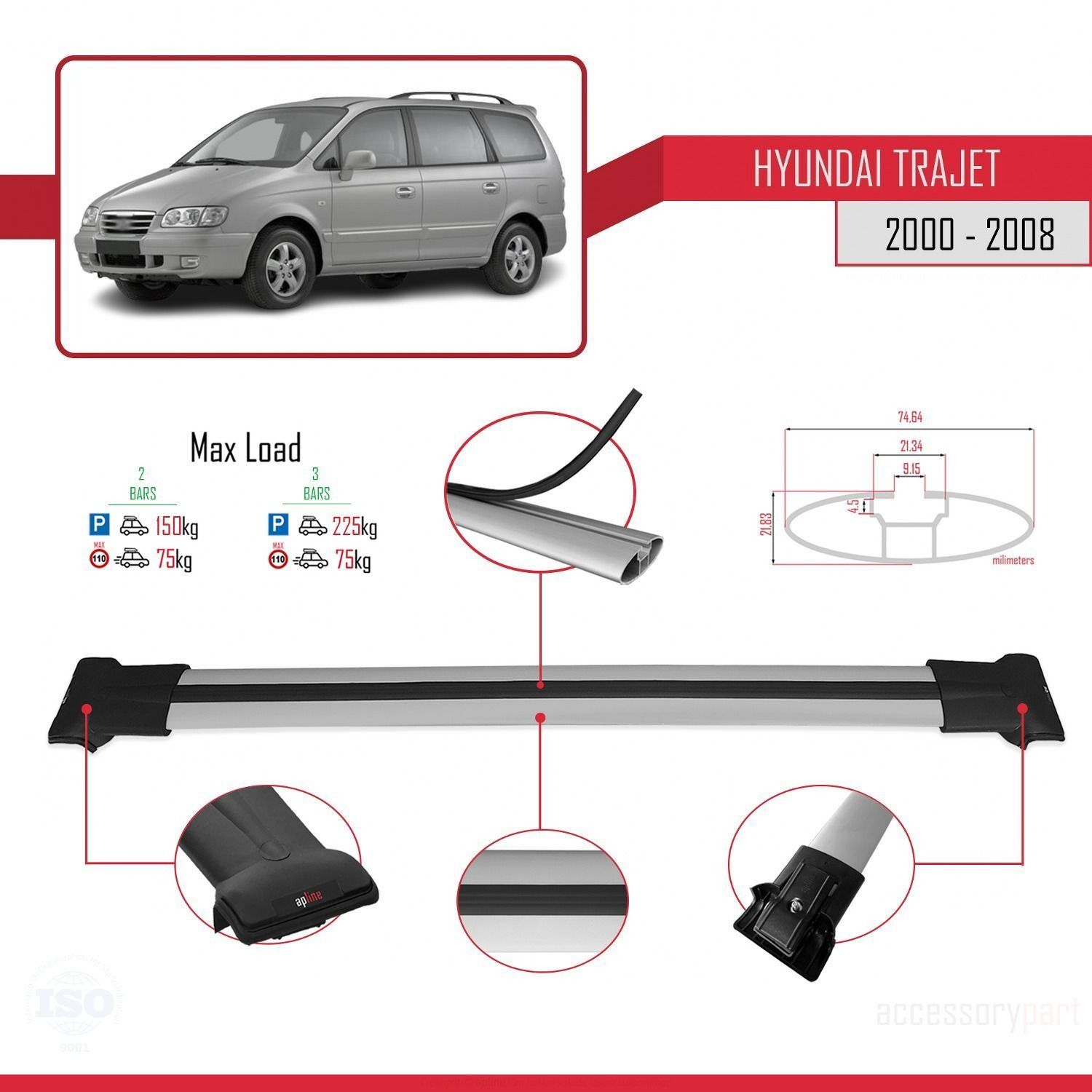 Hyundai Trajet 2000-2008 Arası ile Uyumlu FLY Model Ara Atkı Tavan Barı GRİ