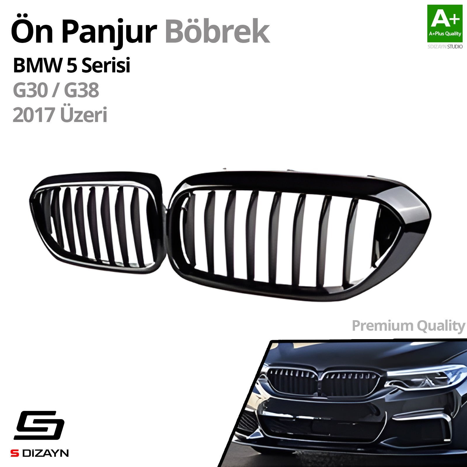 S-Dizayn Bmw 5 Serisi G30/G38 Ön Panjur Böbrek Parlak Siyah Piano Black Düz Model 2017 Üzeri