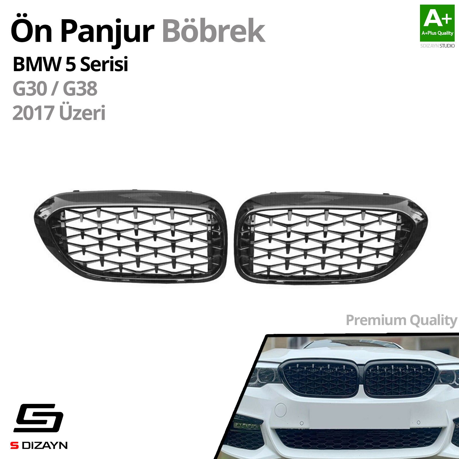 S-Dizayn Bmw 5 Serisi G30/G38 Ön Panjur Böbrek Parlak Siyah Piano Black Diamond Model 2017 Üzeri