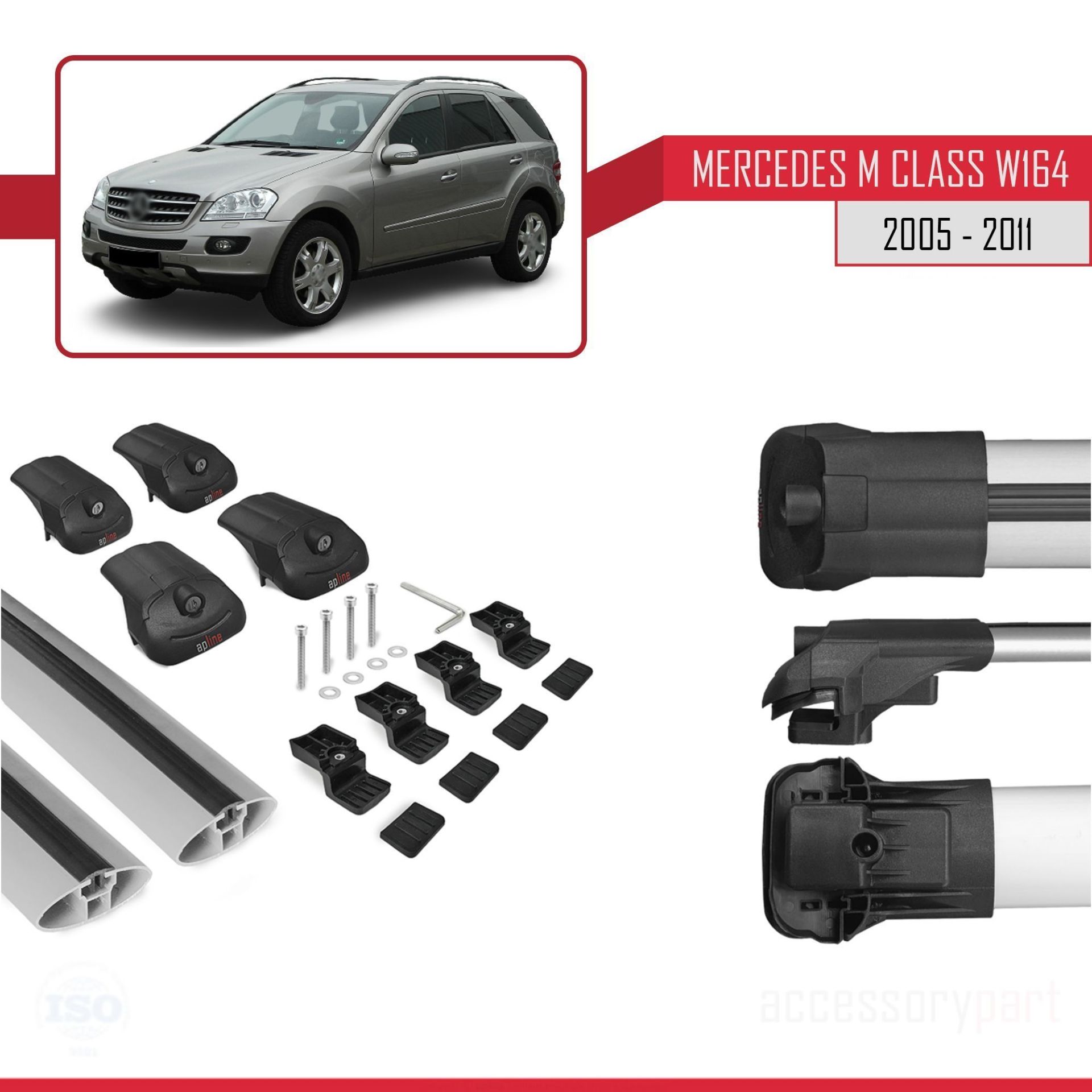 Mercedes M Class (W164) 2005-2011 Arası ile uyumlu ACE-1 Ara Atkı Tavan Barı GRİ