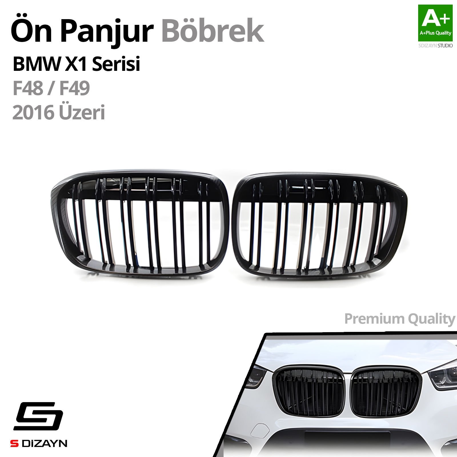 S-Dizayn Bmw X1 F48/F49 Ön Panjur Böbrek Parlak Siyah Piano Black M X1 Model 2016 Üzeri