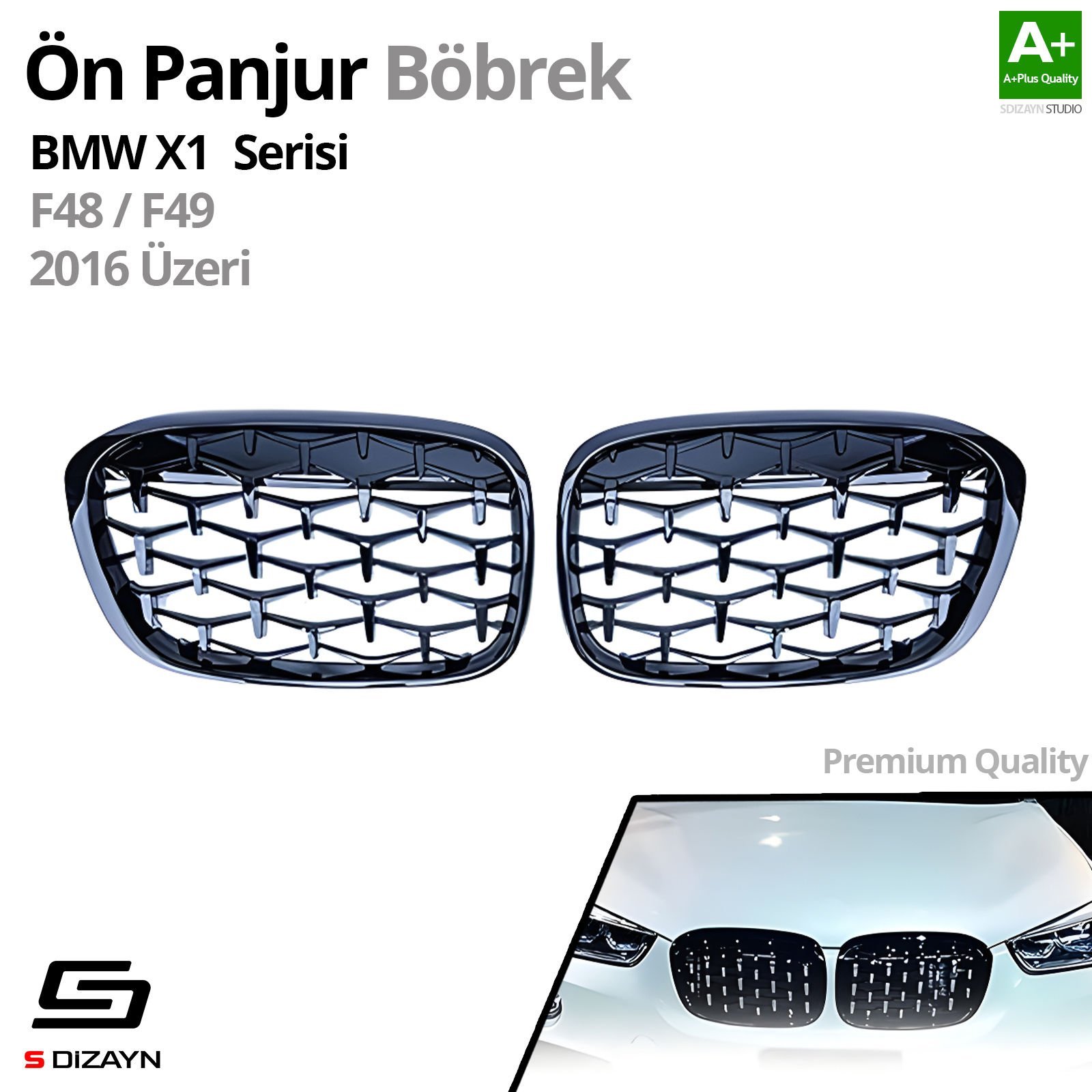 S-Dizayn Bmw X1 F48/F49 Ön Panjur Böbrek Parlak Siyah Piano Black Diamond Model 2016 Üzeri