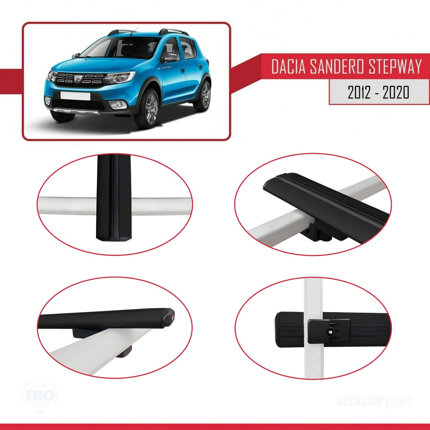 Dacia Sandero STEPWAY 2012-2020 Arası ile uyumlu Basic Model Ara Atkı Tavan Barı SİYAH 3 ADET