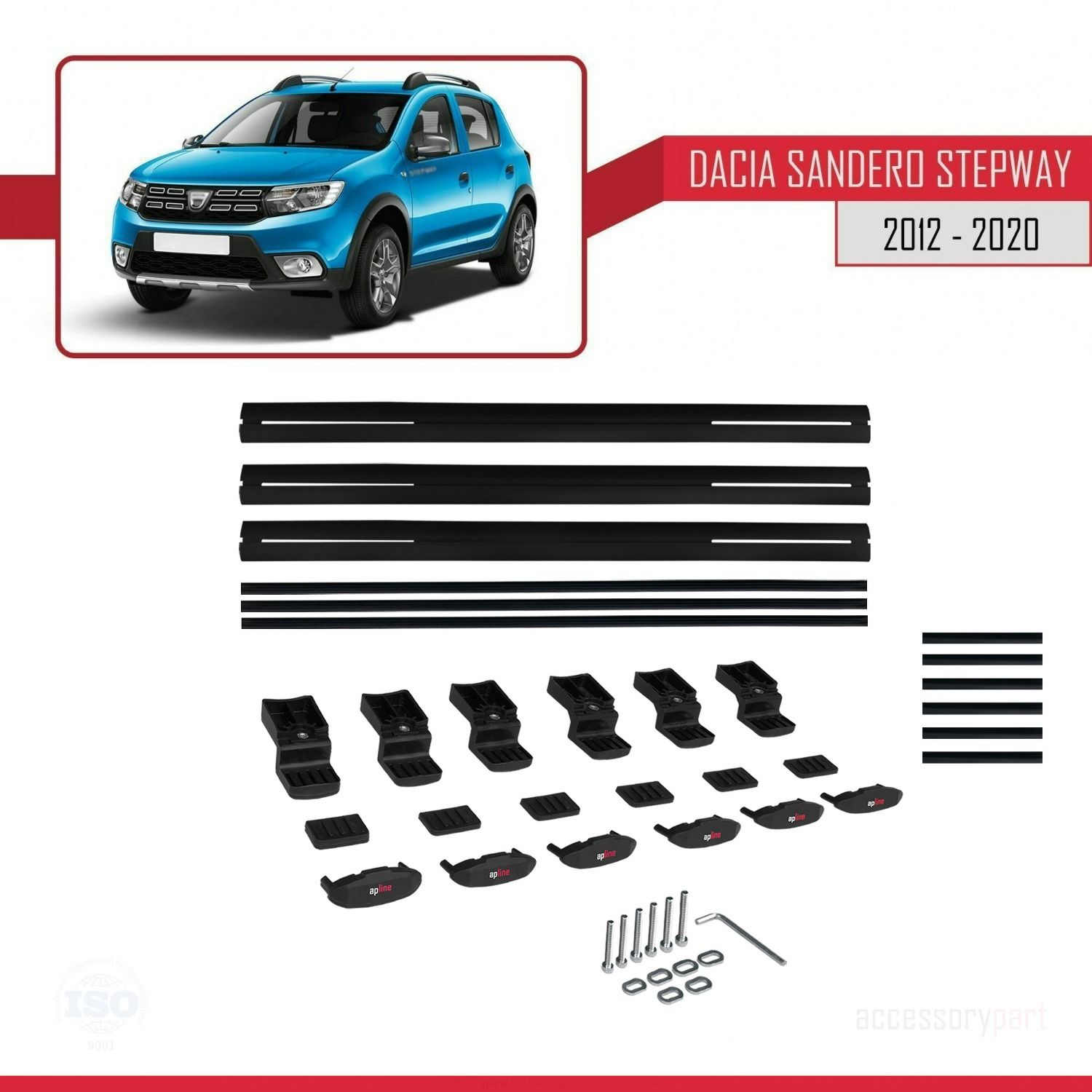 Dacia Sandero STEPWAY 2012-2020 Arası ile uyumlu Basic Model Ara Atkı Tavan Barı SİYAH 3 ADET