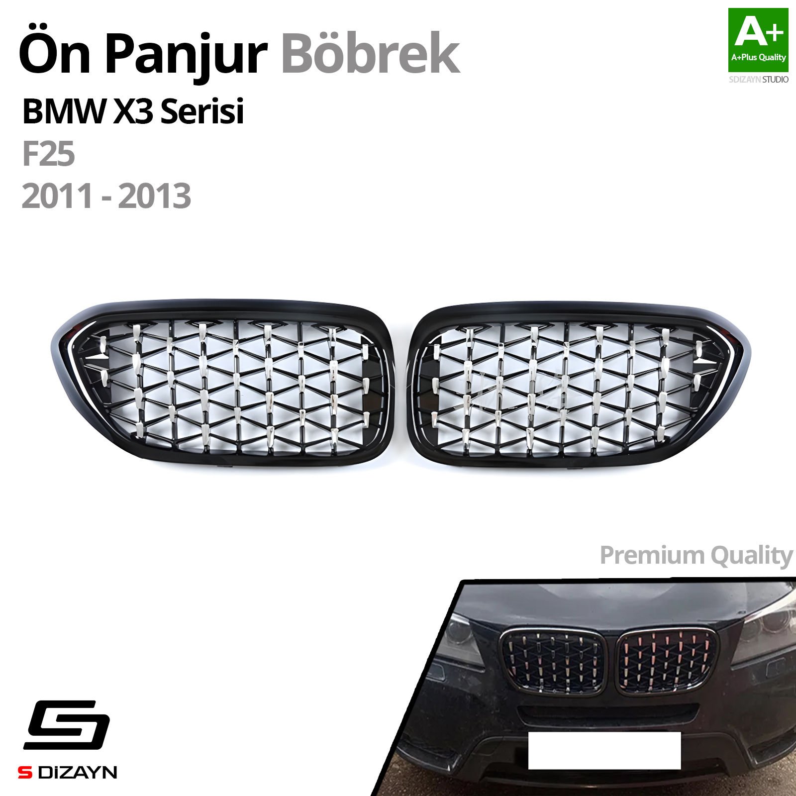 S-Dizayn Bmw X3 F25 Ön Panjur Böbrek Parlak Siyah Çerçeveli Krom Diamond Model 2011-2013