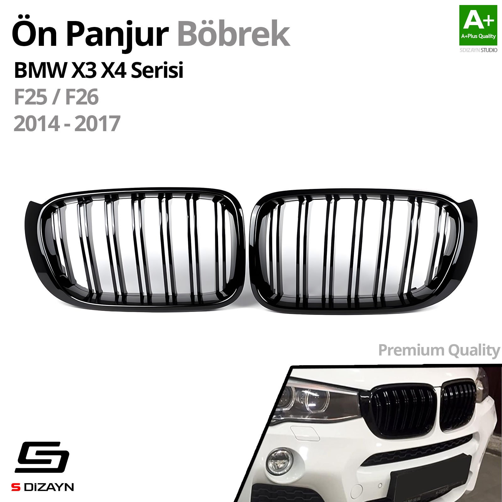 S-Dizayn Bmw X3-X4 F25/F26 Ön Panjur Böbrek Parlak Siyah Piano Black M X3X4 Model 2014-2017