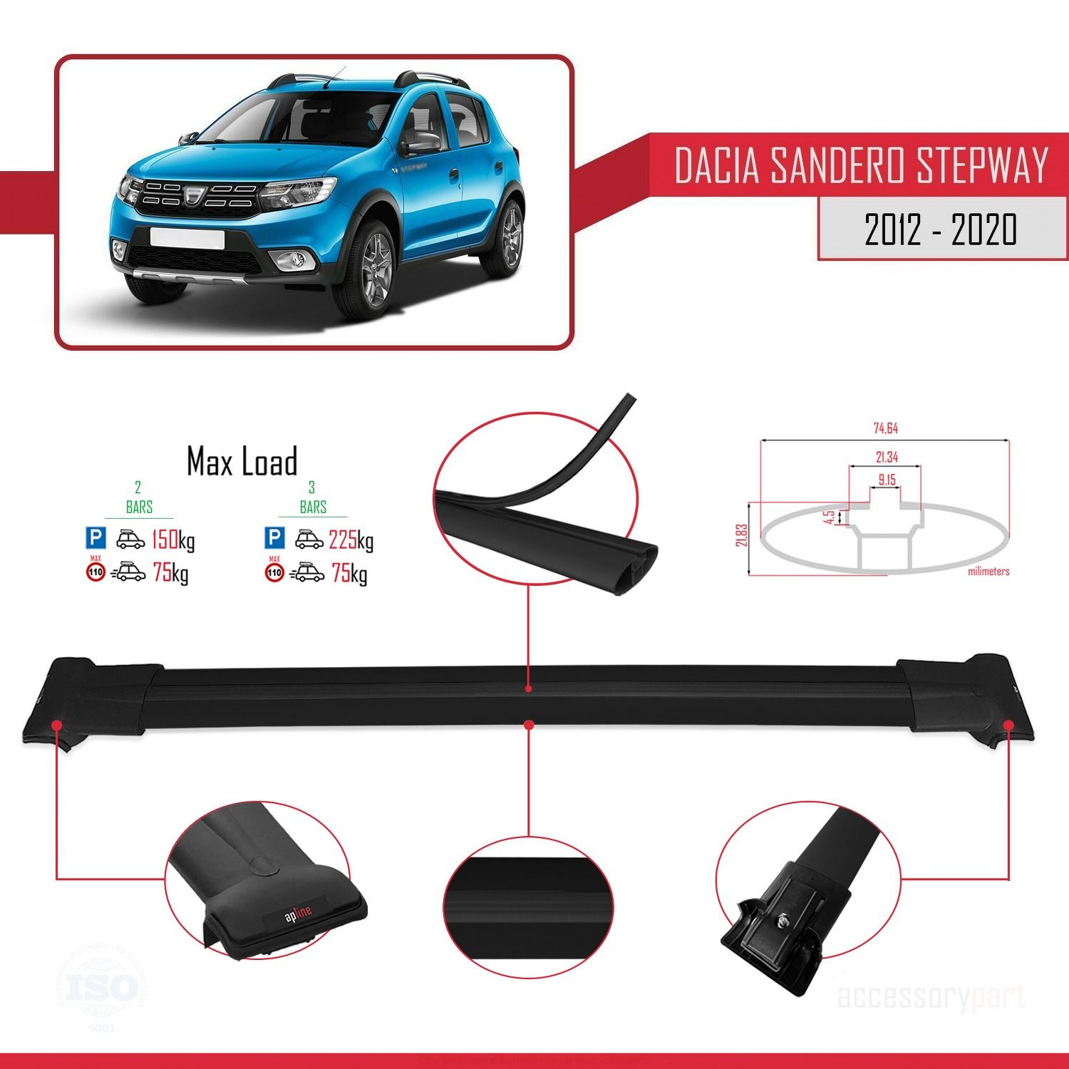 Dacia Sandero STEPWAY 2012-2020 Arası ile uyumlu FLY Model Ara Atkı Tavan Barı SİYAH