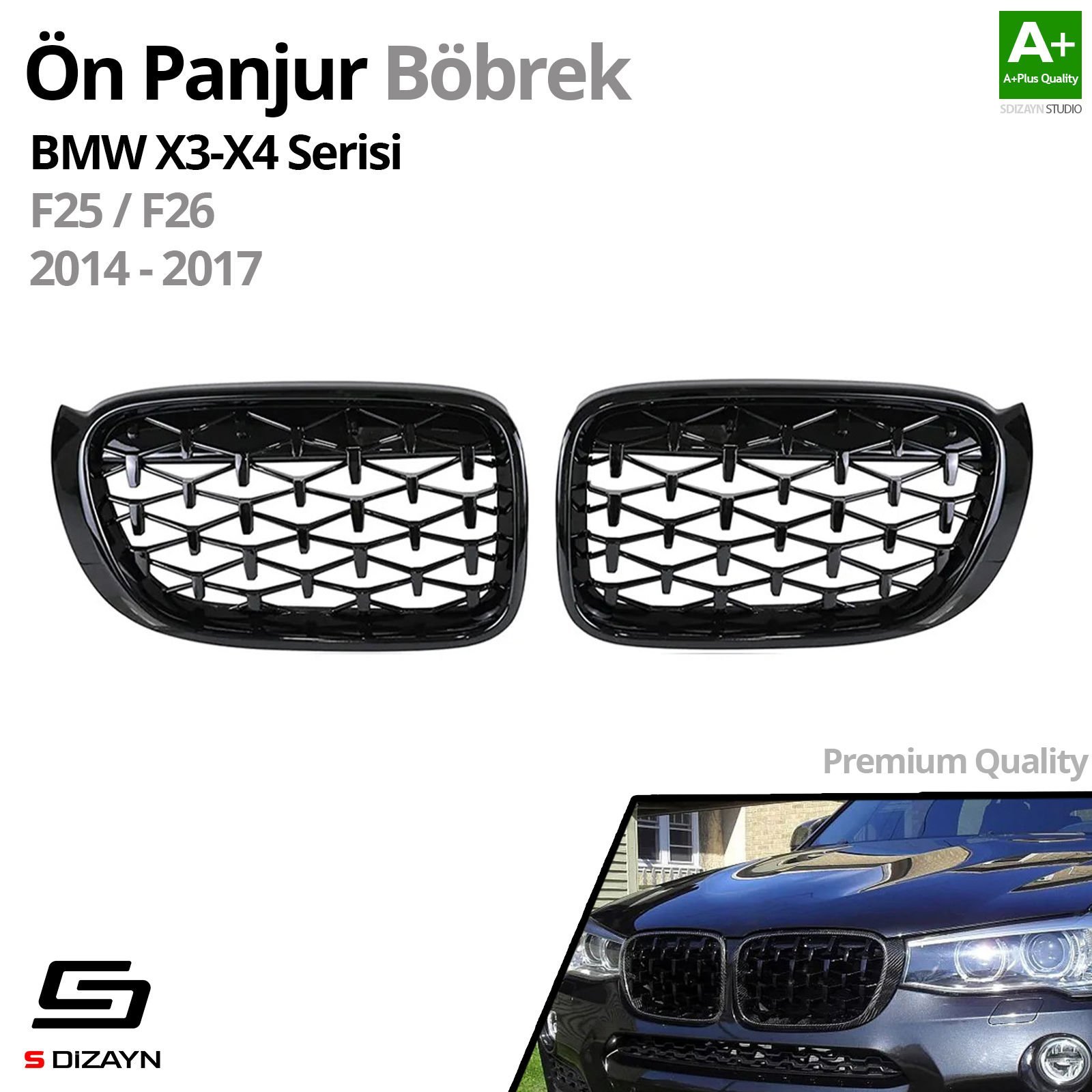 S-Dizayn Bmw X3-X4 F25/F26 Ön Panjur Böbrek Parlak Siyah Piano Black Diamond Model 2014-2017