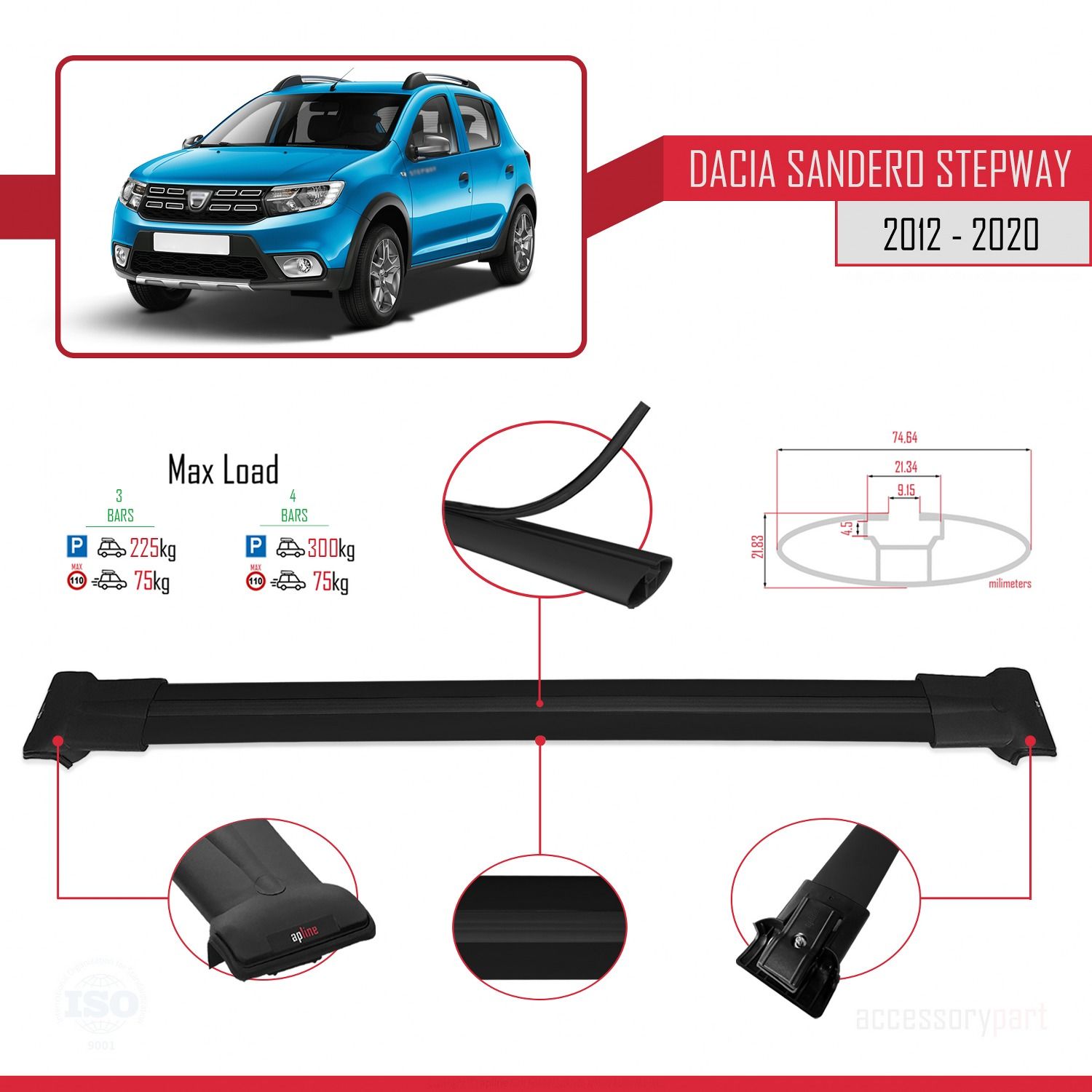 Dacia Sandero STEPWAY 2012-2020 Arası ile Uyumlu FLY Model Ara Atkı Tavan Barı SİYAH 3 ADET BAR