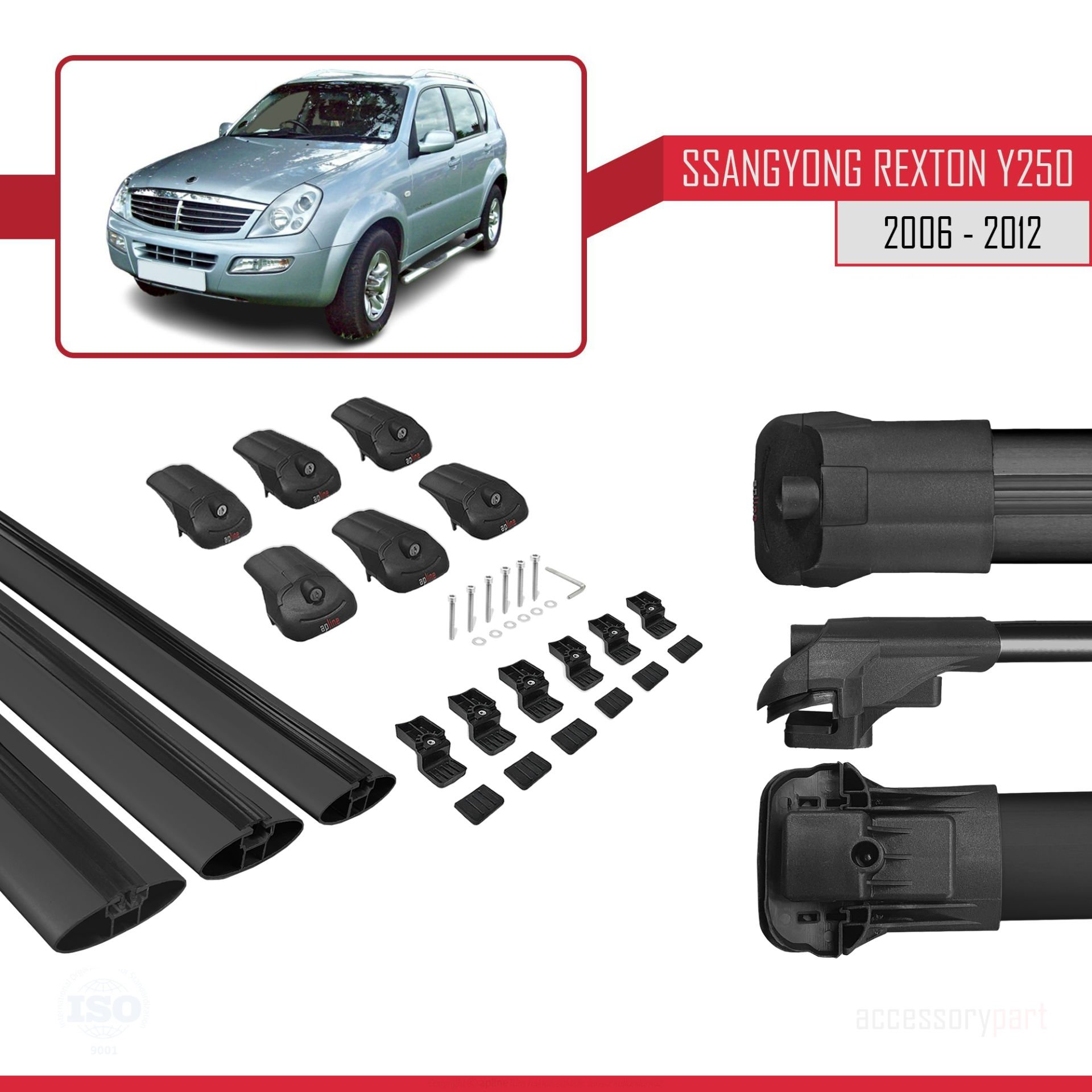 Ssangyong Rexton Y250 2006-2012 Arası ile uyumlu ACE-1 Ara Atkı Tavan Barı SİYAH 3 ADET BAR