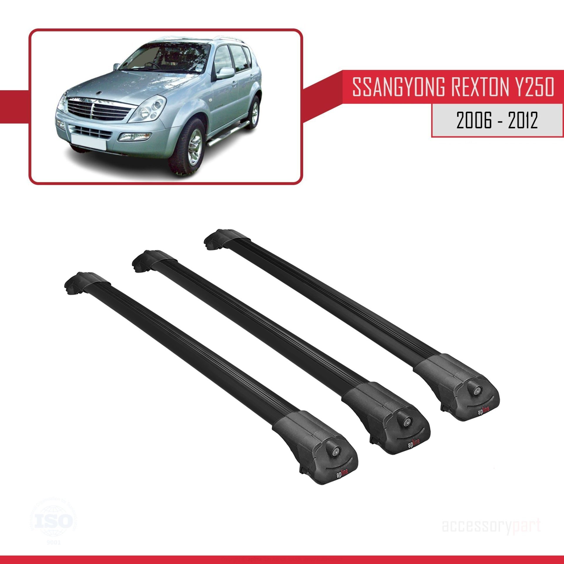 Ssangyong Rexton Y250 2006-2012 Arası ile uyumlu ACE-1 Ara Atkı Tavan Barı SİYAH 3 ADET BAR