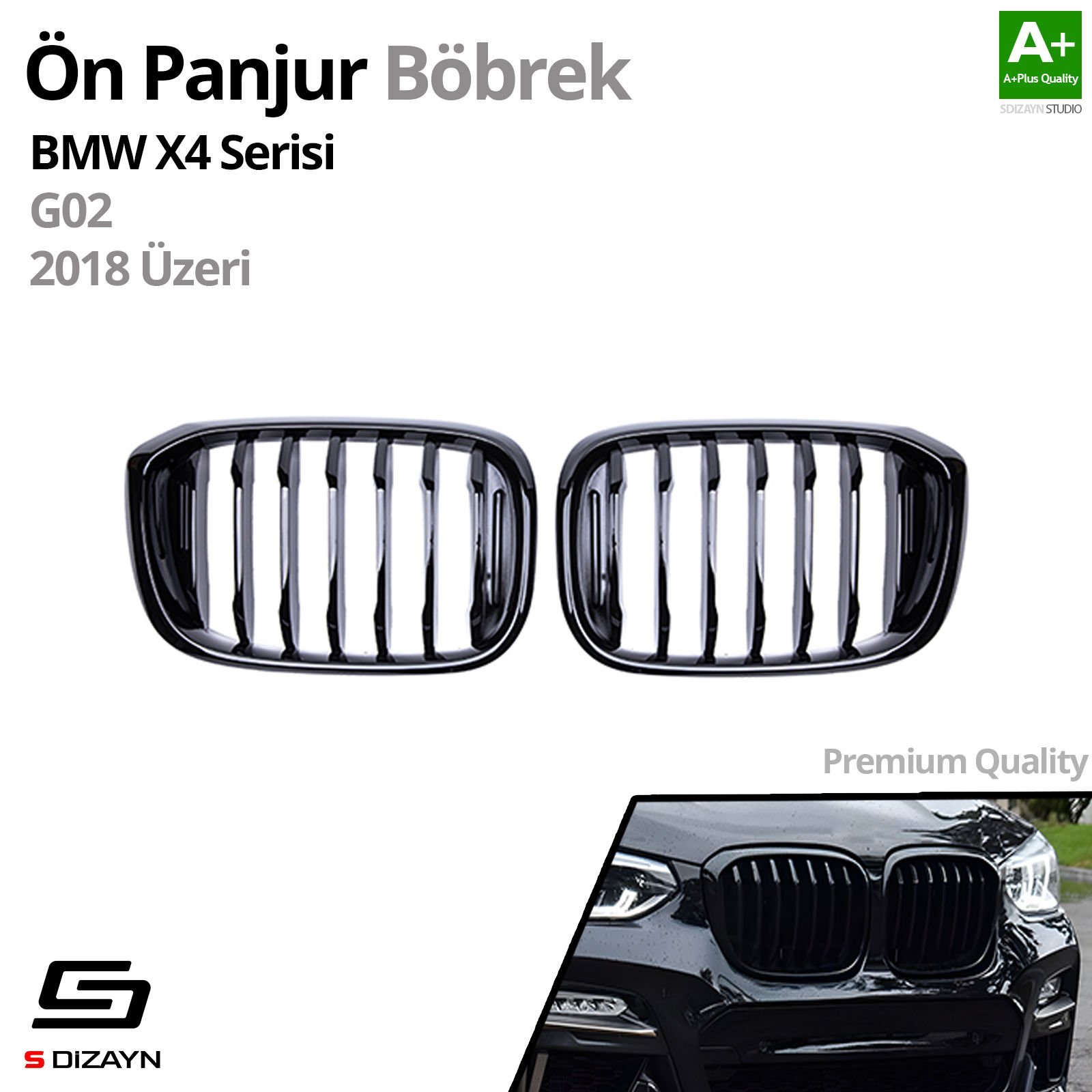 S-Dizayn Bmw X4 G02 Ön Panjur Böbrek Parlak Siyah Piano Black Düz Model 2018 Üzeri