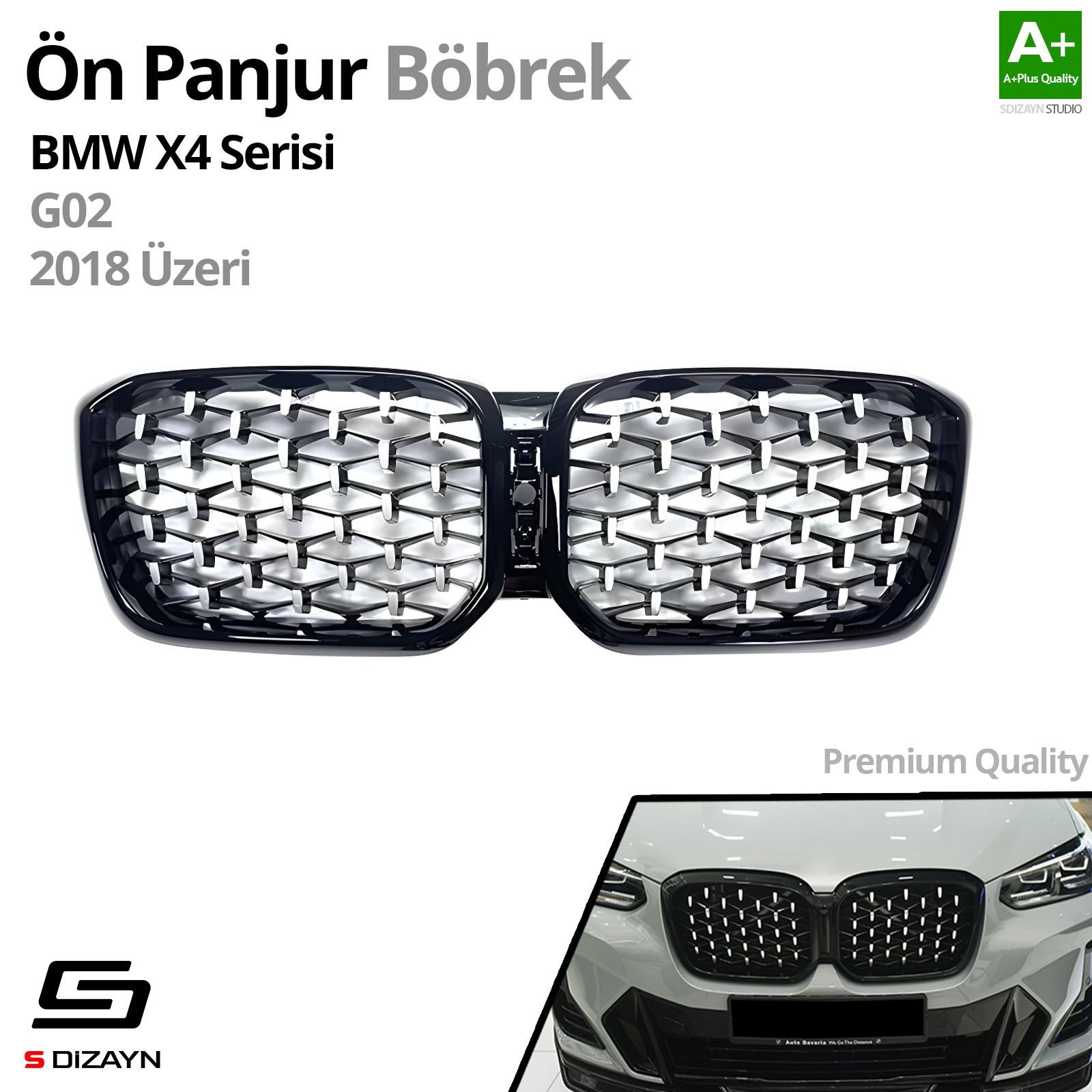 S-Dizayn Bmw X4 G01 Ön Panjur Böbrek Parlak Siyah Çerçeveli Krom Diamond Model 2018 Üzeri