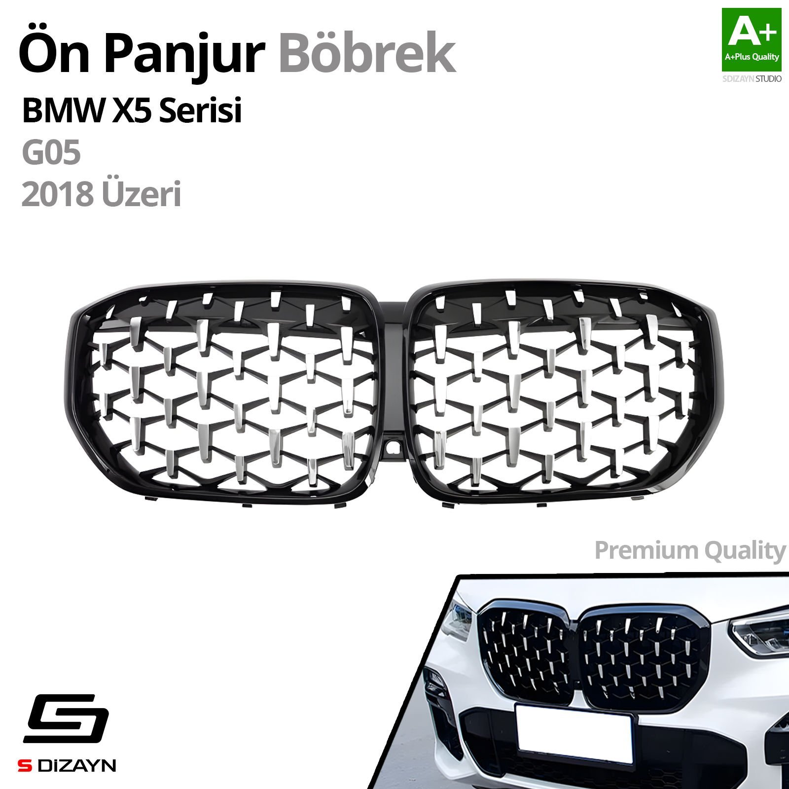 S-Dizayn Bmw X5 G05 Ön Panjur Böbrek Parlak Siyah Çerçeveli Krom Diamond Model 2018 Üzeri