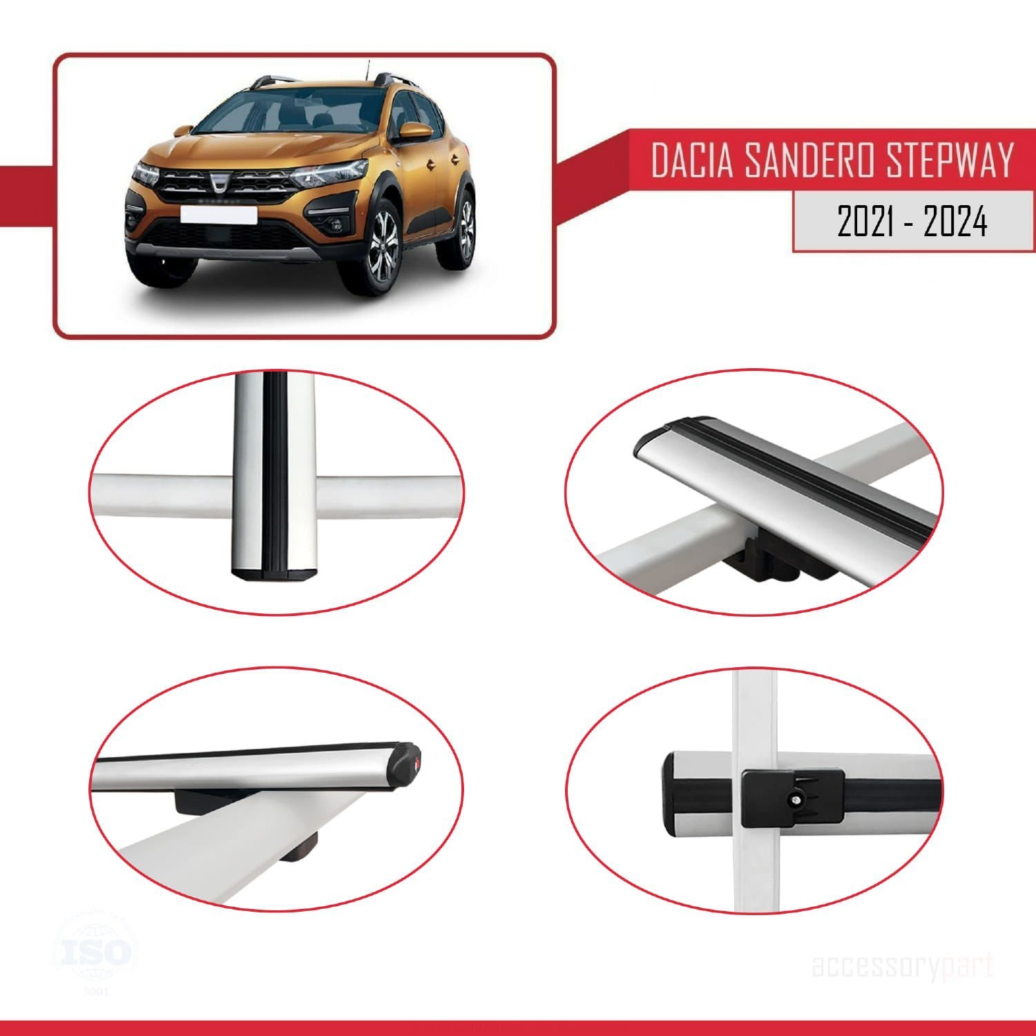 Dacia Sandero STEPWAY 2021 ve Sonrası ile uyumlu Basic Model Ara Atkı Tavan Barı GRİ 3 ADET