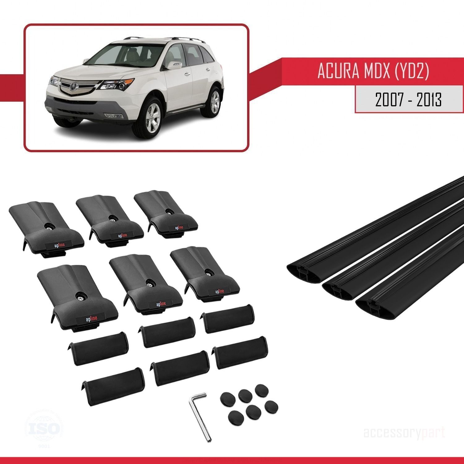 Acura MDX (YD2) 2007-2013 Arası ile Uyumlu FLY Model Ara Atkı Tavan Barı SİYAH 3 ADET BAR