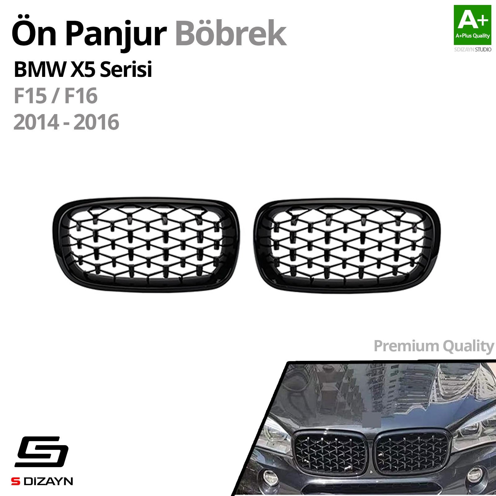 S-Dizayn Bmw X5 F15/F16 Ön Panjur Böbrek Parlak Siyah Piano Black Diamond Model 2014-2016