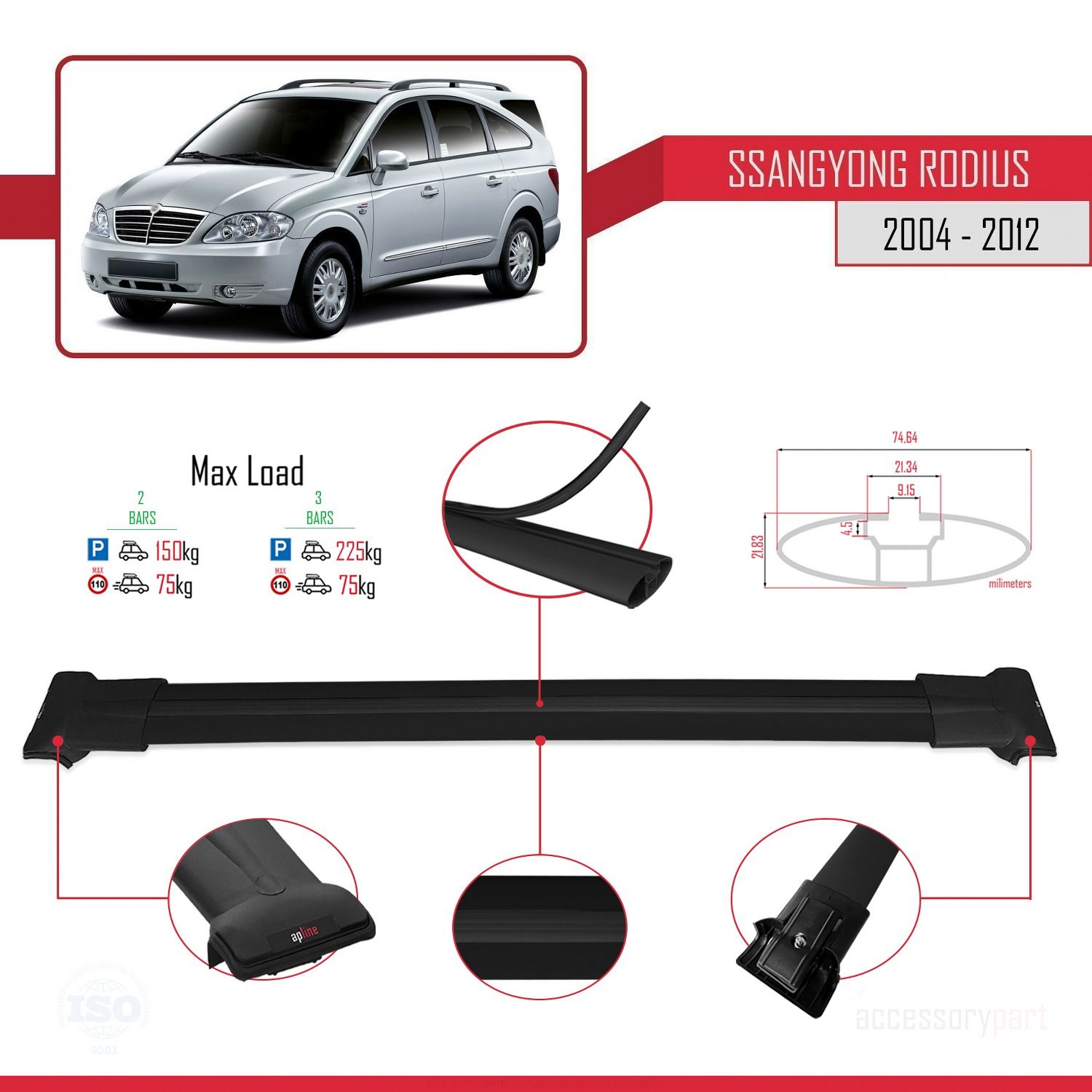 Ssangyong Rodius 2004-2012 Arası ile uyumlu FLY Model Ara Atkı Tavan Barı SİYAH