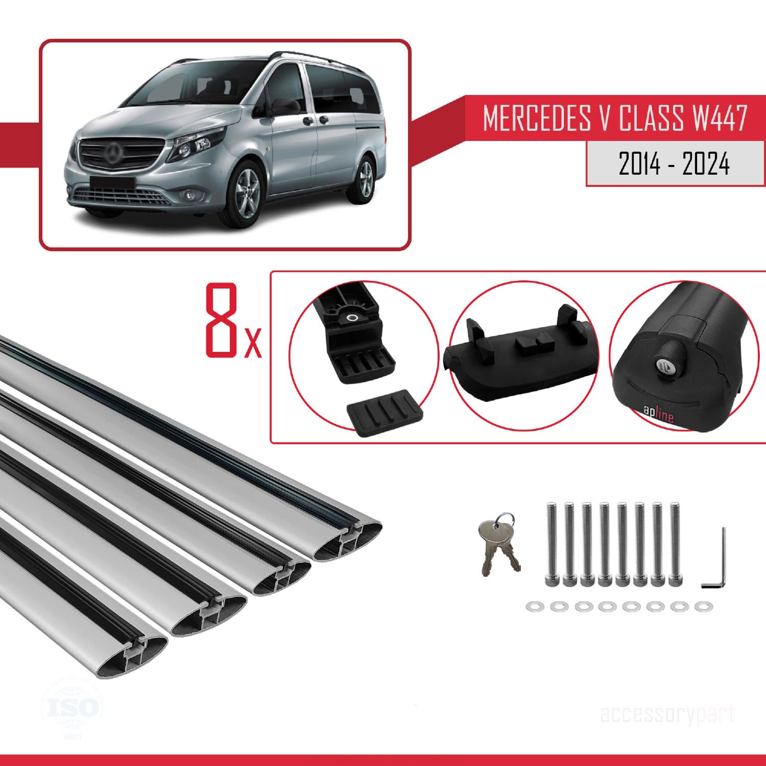 Mercedes V Class W447 2014 ve Sonrası ile uyumlu ACE-1 Ara Atkı Tavan Barı GRİ 4 ADET BAR