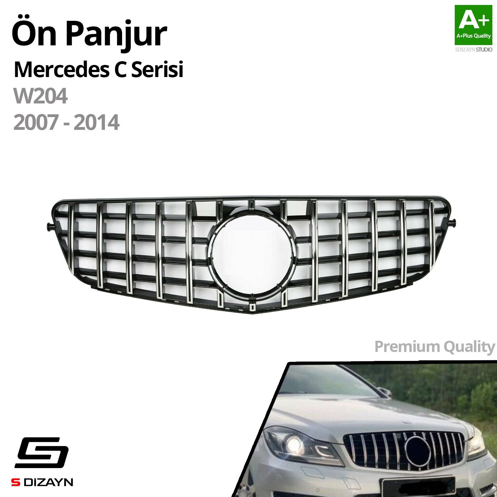 S-Dizayn Mercedes C-ClassW204 Ön Panjur Parlak Siyah Çerçeveli Krom AMG Model 2007-2014