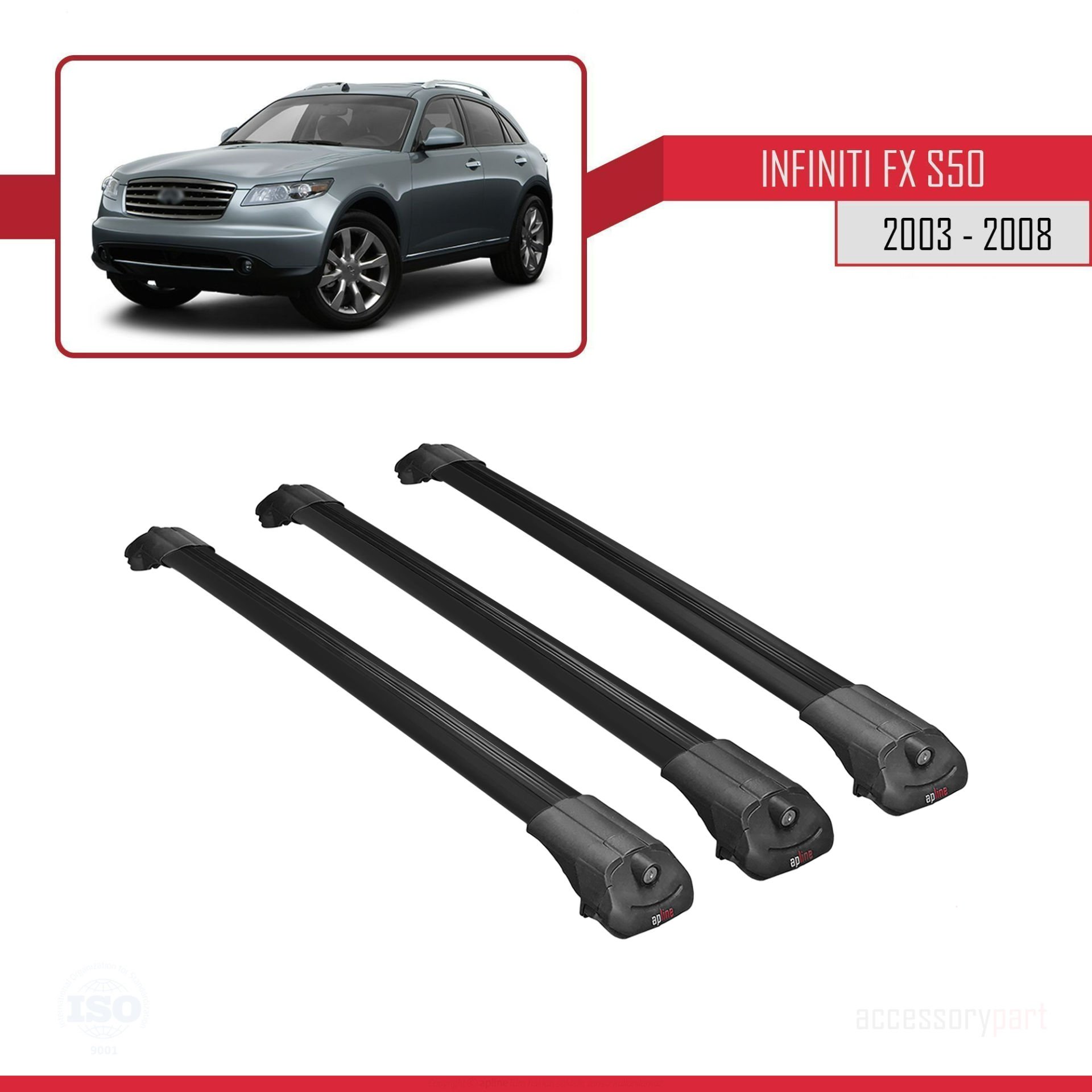 Infiniti FX (S50) 2003-2008 Arası ile uyumlu ACE-1 Ara Atkı Tavan Barı SİYAH 3 ADET BAR