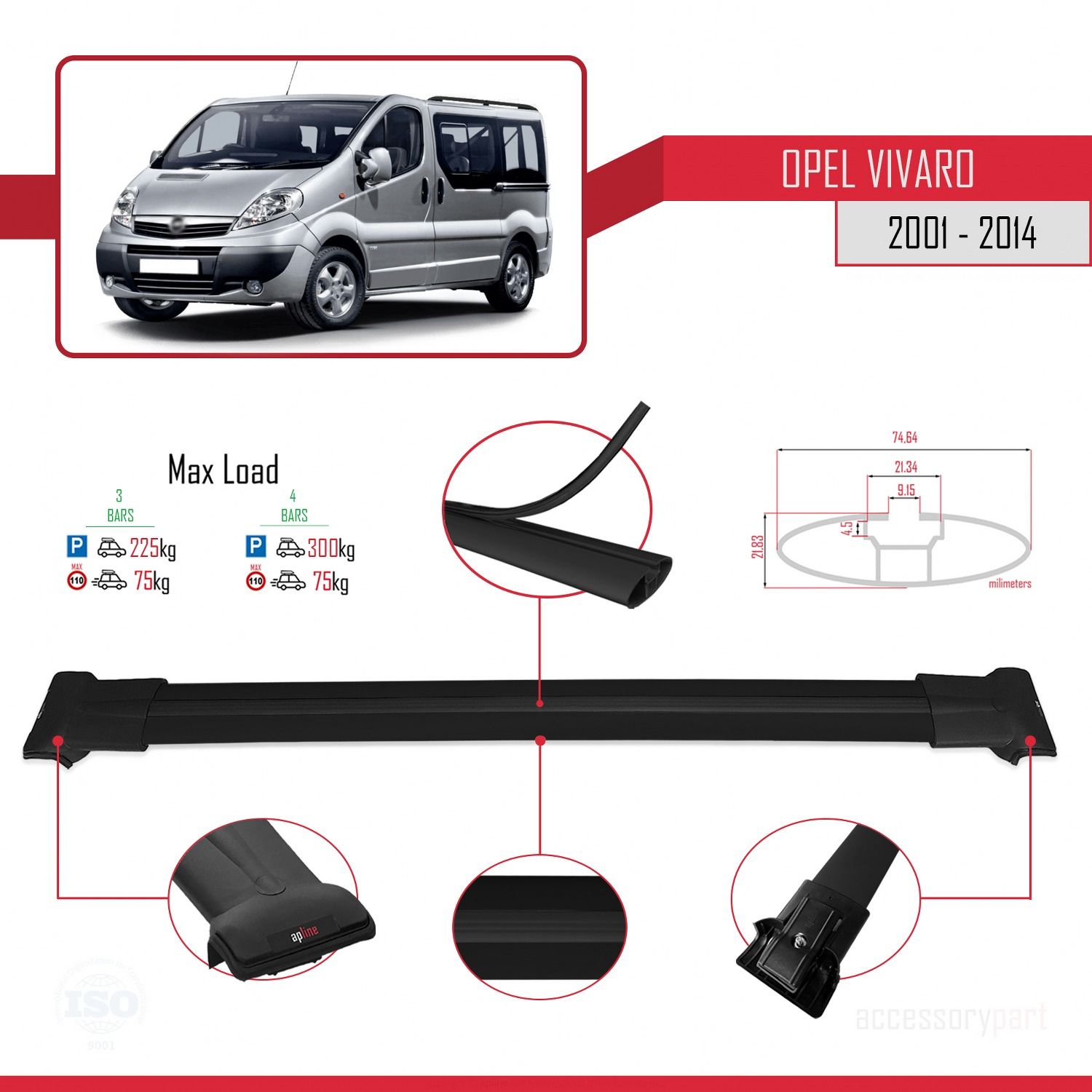 Opel Vivaro 2001-2014 Arası ile uyumlu FLY Model Ara Atkı Tavan Barı SİYAH 3 ADET BAR