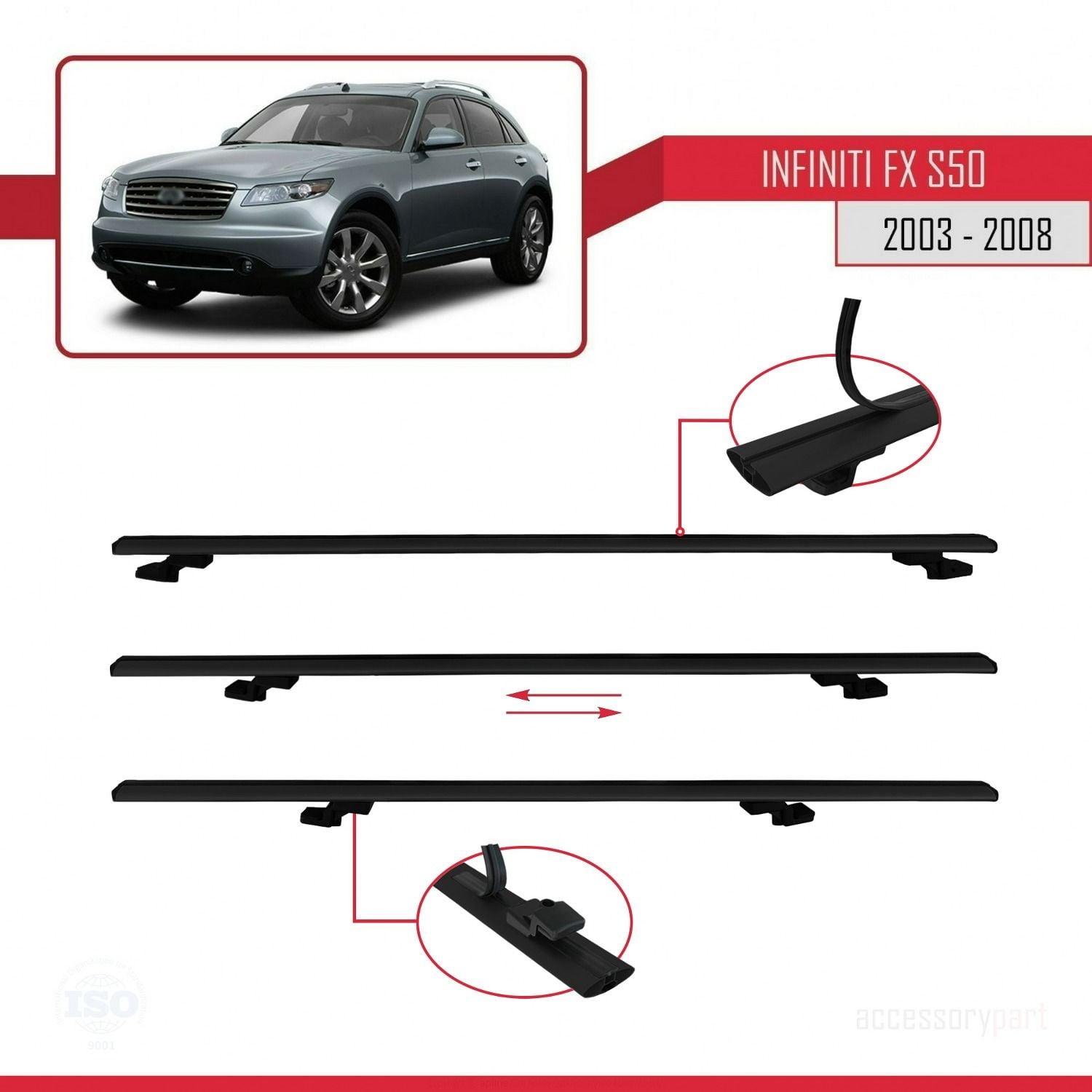 Infiniti FX (S50) 2003-2008 Arası ile uyumlu Basic Model Ara Atkı Tavan Barı SİYAH 3 ADET
