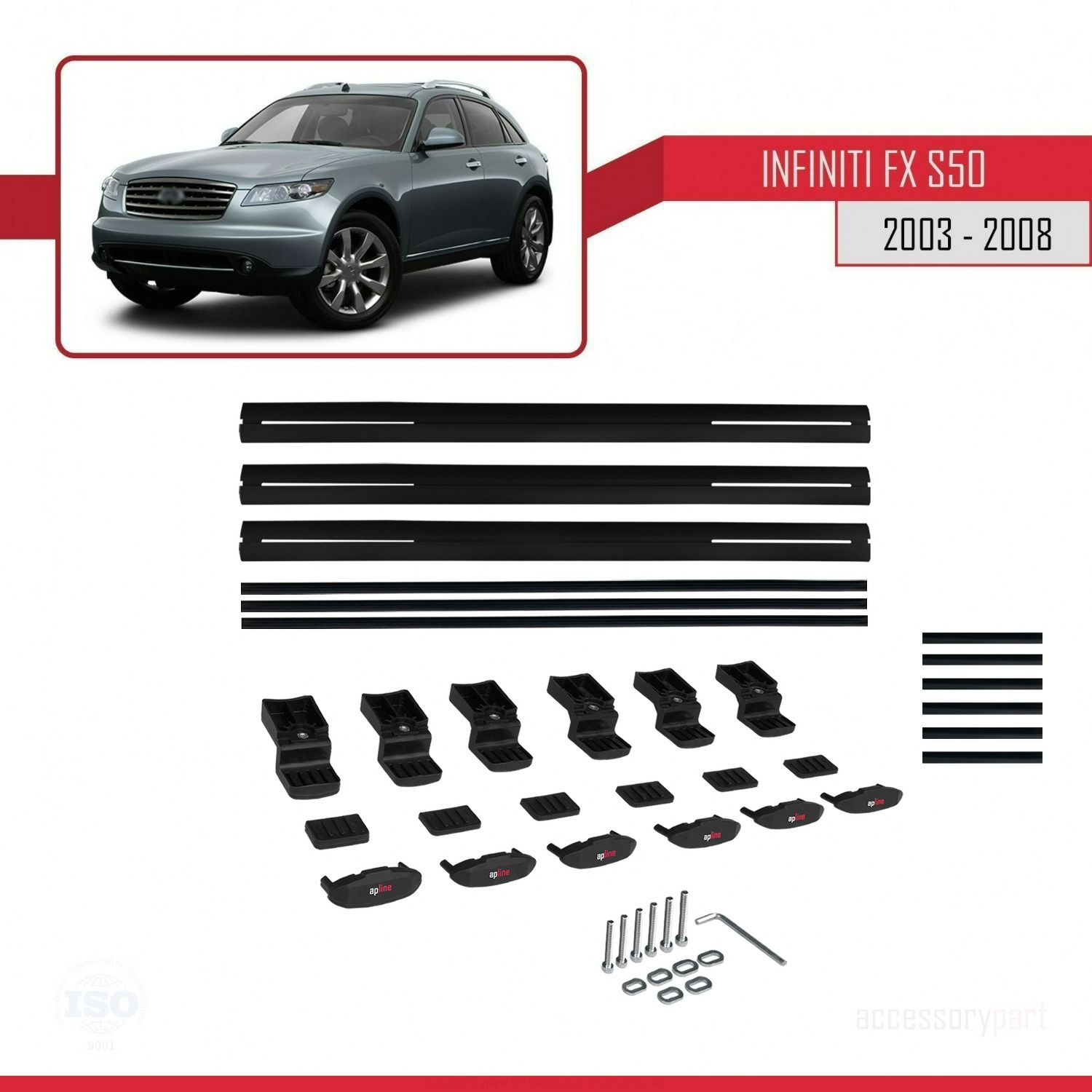 Infiniti FX (S50) 2003-2008 Arası ile uyumlu Basic Model Ara Atkı Tavan Barı SİYAH 3 ADET