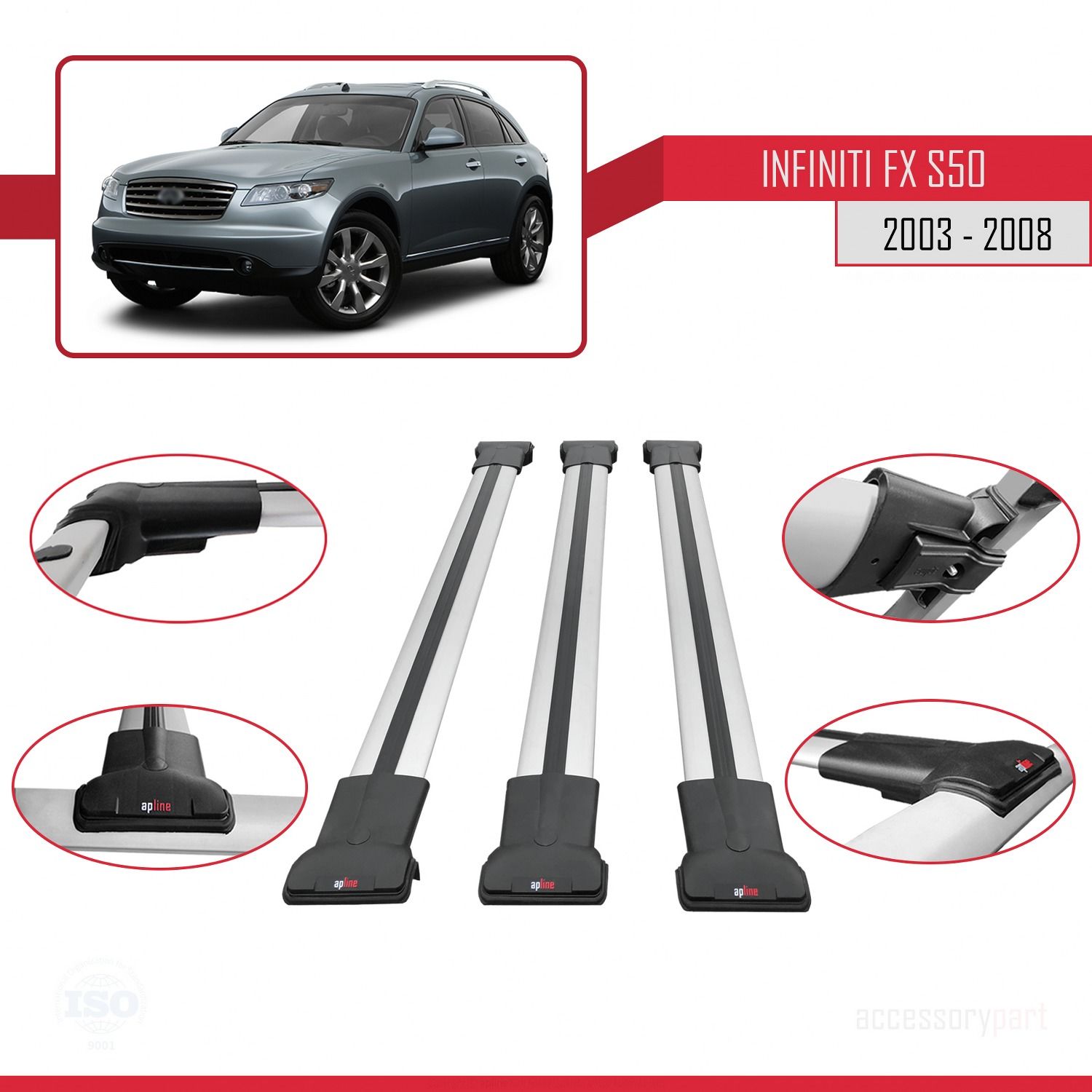Infiniti FX (S50) 2003-2008 Arası ile Uyumlu FLY Model Ara Atkı Tavan Barı GRİ 3 ADET BAR