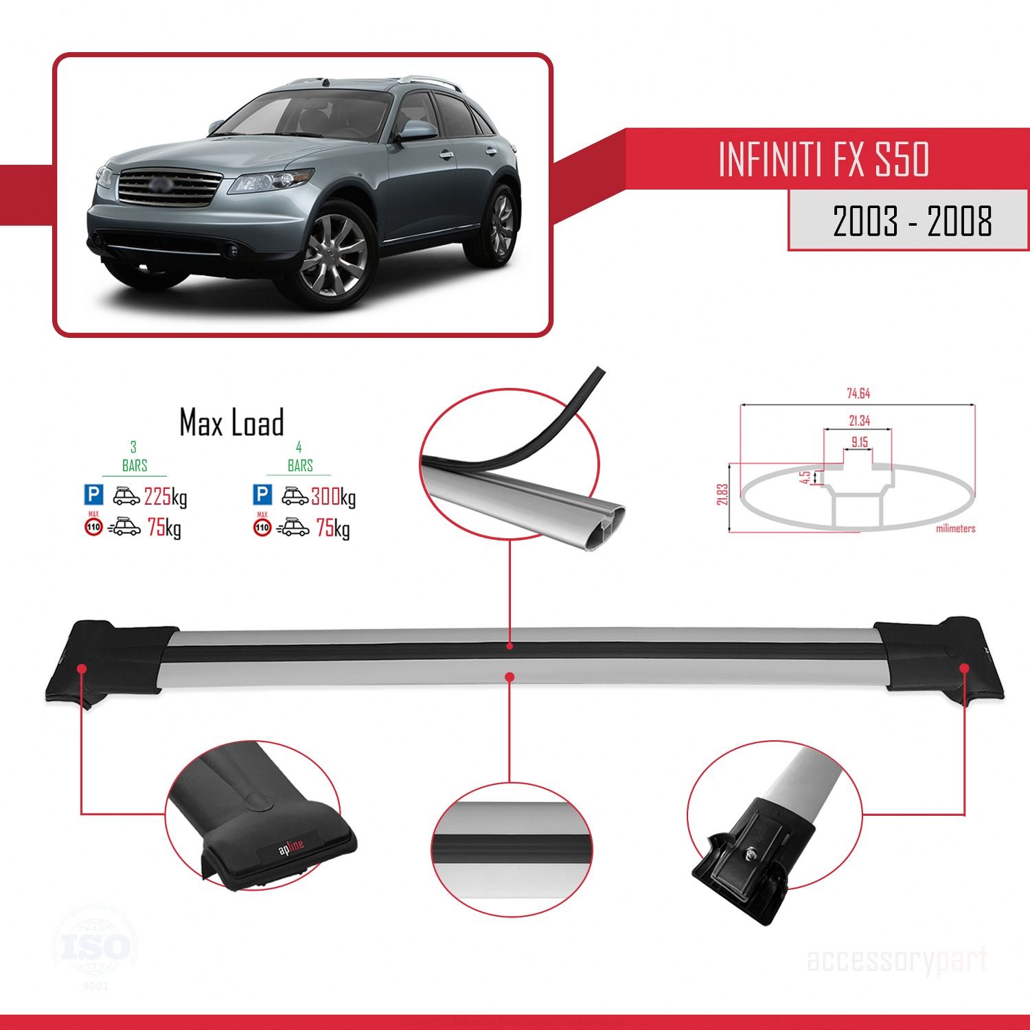 Infiniti FX (S50) 2003-2008 Arası ile Uyumlu FLY Model Ara Atkı Tavan Barı GRİ 3 ADET BAR