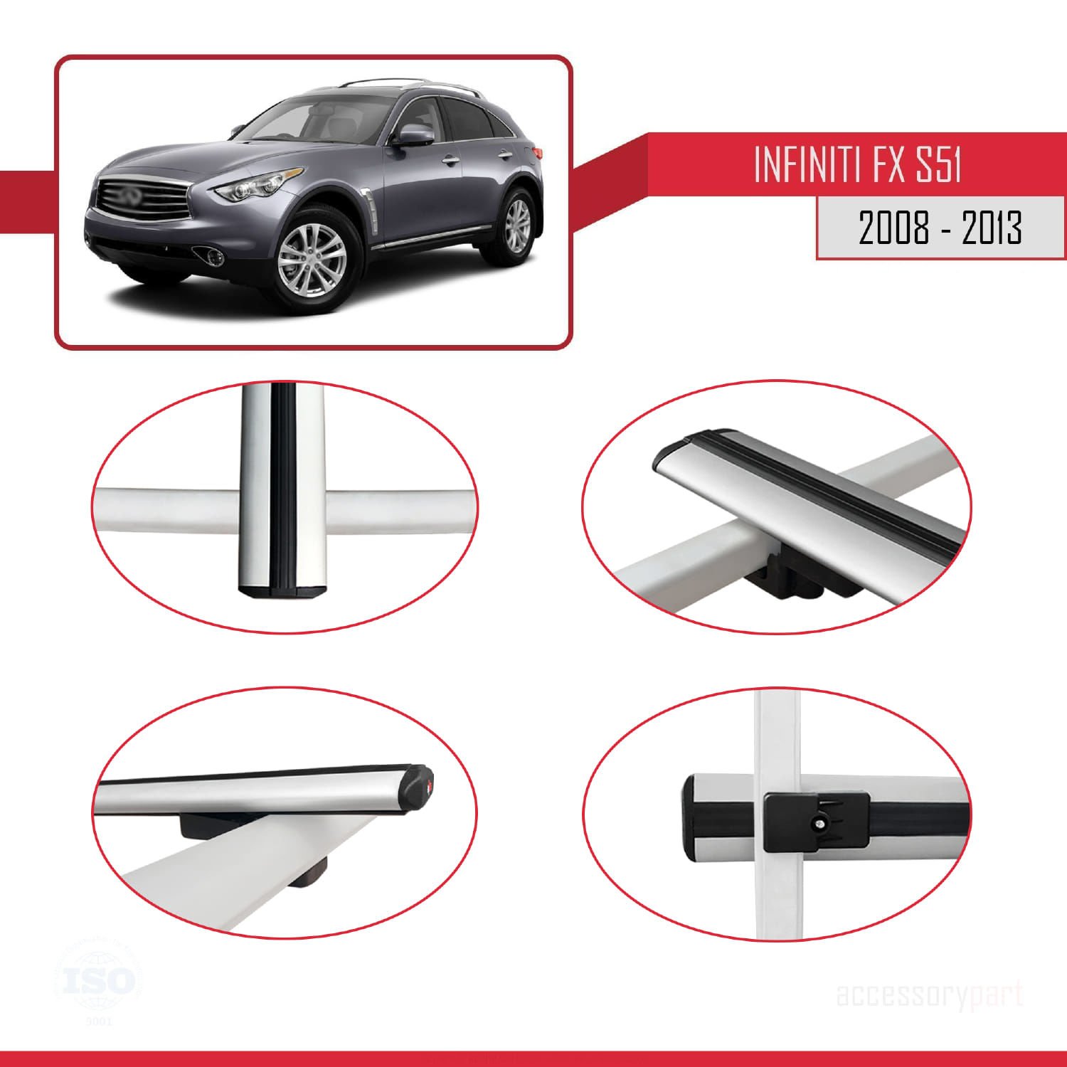 Infiniti FX S51 2008-2013 Arası ile uyumlu Basic Model Ara Atkı Tavan Barı GRİ 3 ADET