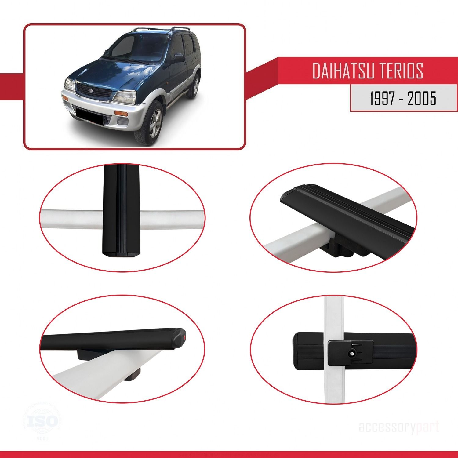 Daihatsu Terios 1997-2005 Arası ile uyumlu Basic Model Ara Atkı Tavan Barı SİYAH 3 ADET
