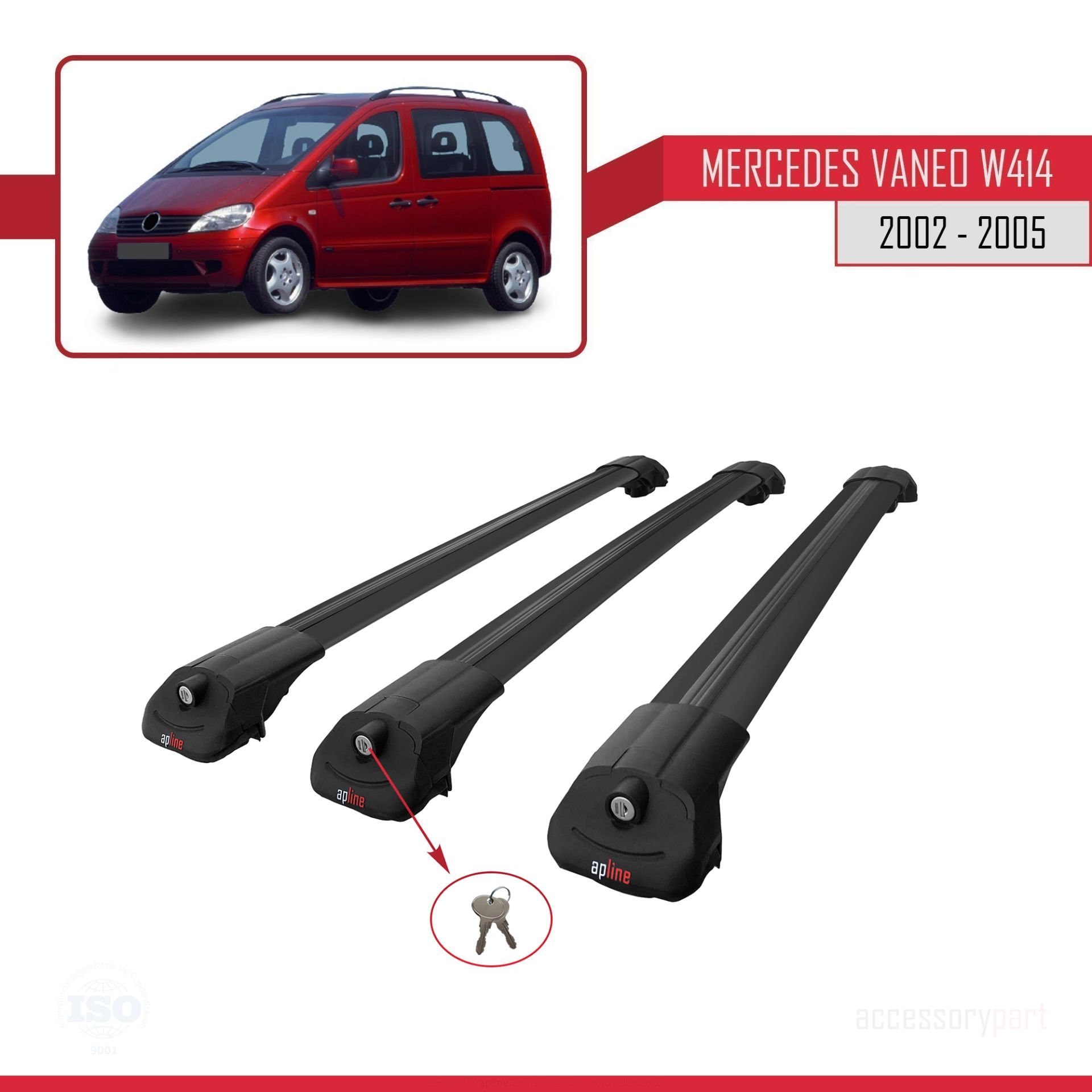 Mercedes Vaneo (W414) 2002-2005 Arası ile uyumlu ACE-1 Ara Atkı Tavan Barı SİYAH 3 ADET BAR