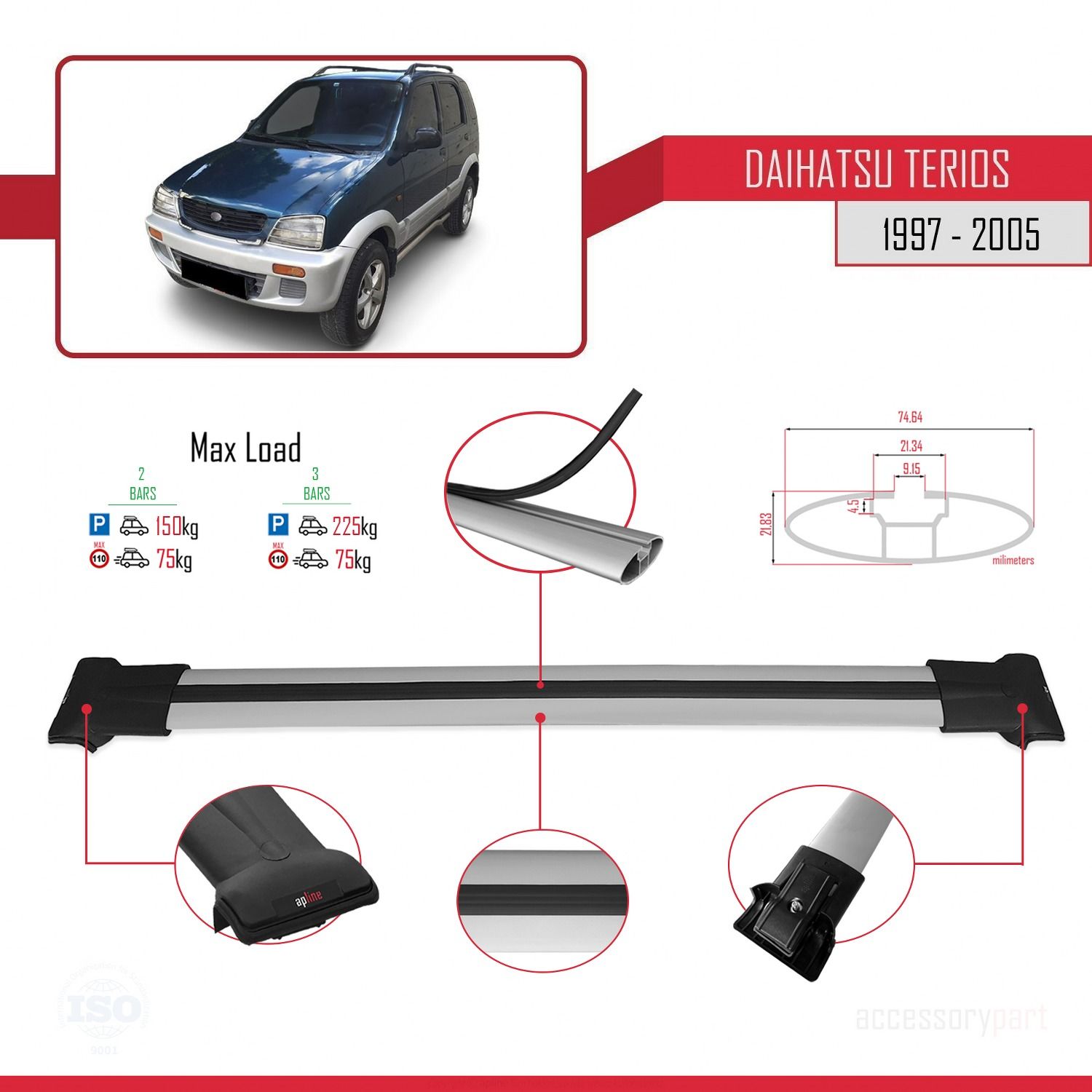 Daihatsu Terios 1997-2005 Arası ile uyumlu FLY Model Ara Atkı Tavan Barı GRİ
