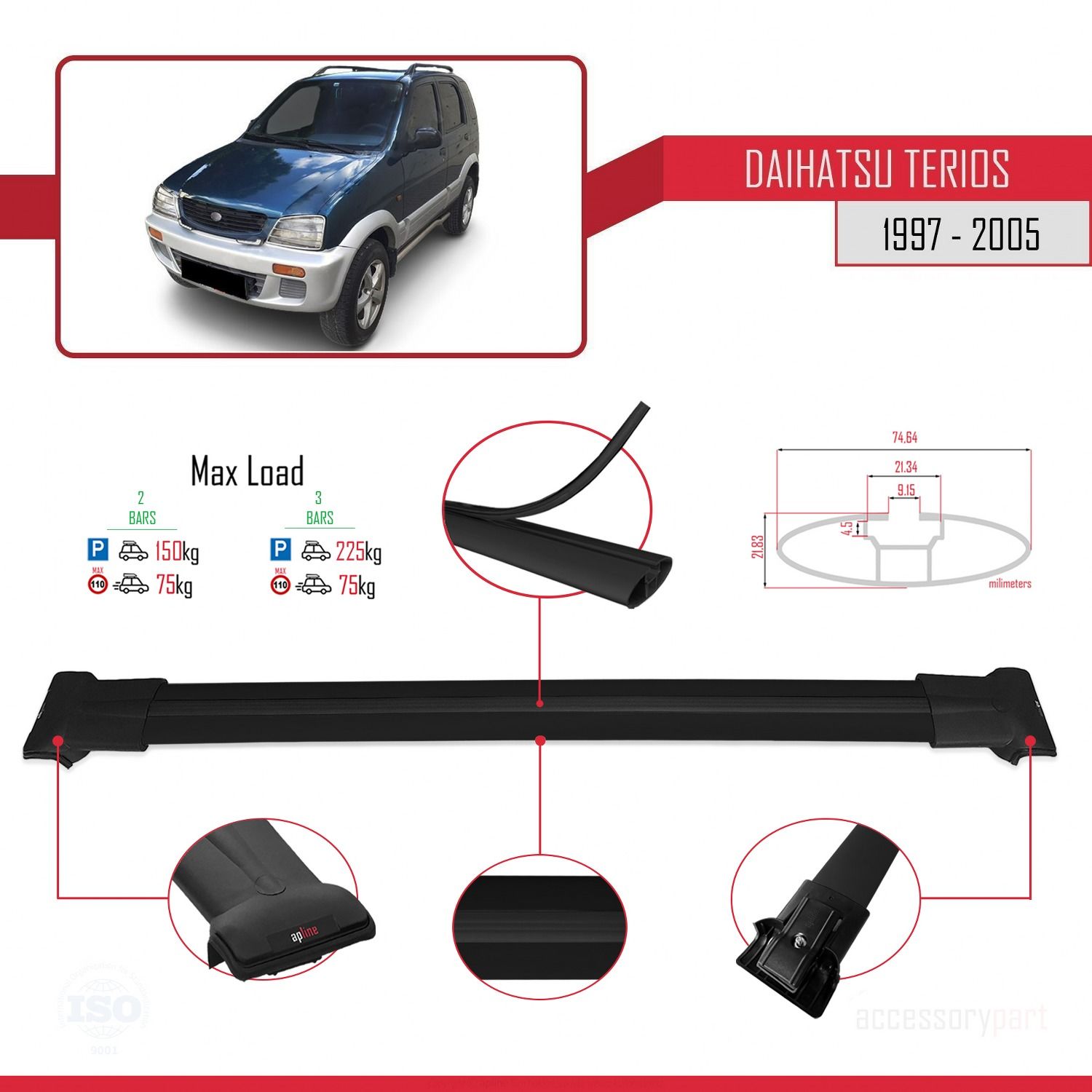 Daihatsu Terios 1997-2005 Arası ile uyumlu FLY Model Ara Atkı Tavan Barı SİYAH
